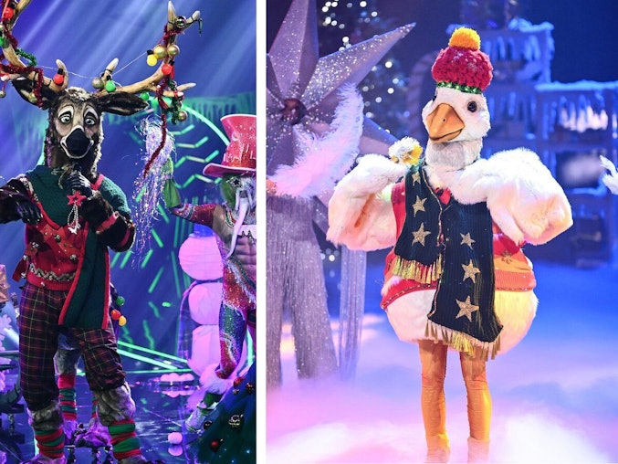 Die drei neuen Masken der „The Masked Singer – Die rätselhafte Weihnachtsshow“: das Geschenk, das Rentier und die Weihnachtsgans (von links). Die Spezial-Ausgabe wird am 26.12.2021 auf ProSieben ausgestrahlt.