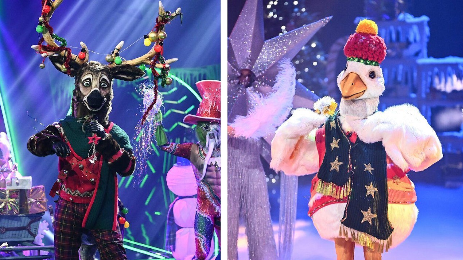 Die drei neuen Masken der „The Masked Singer – Die rätselhafte Weihnachtsshow“: das Geschenk, das Rentier und die Weihnachtsgans (von links). Die Spezial-Ausgabe wird am 26.12.2021 auf ProSieben ausgestrahlt.