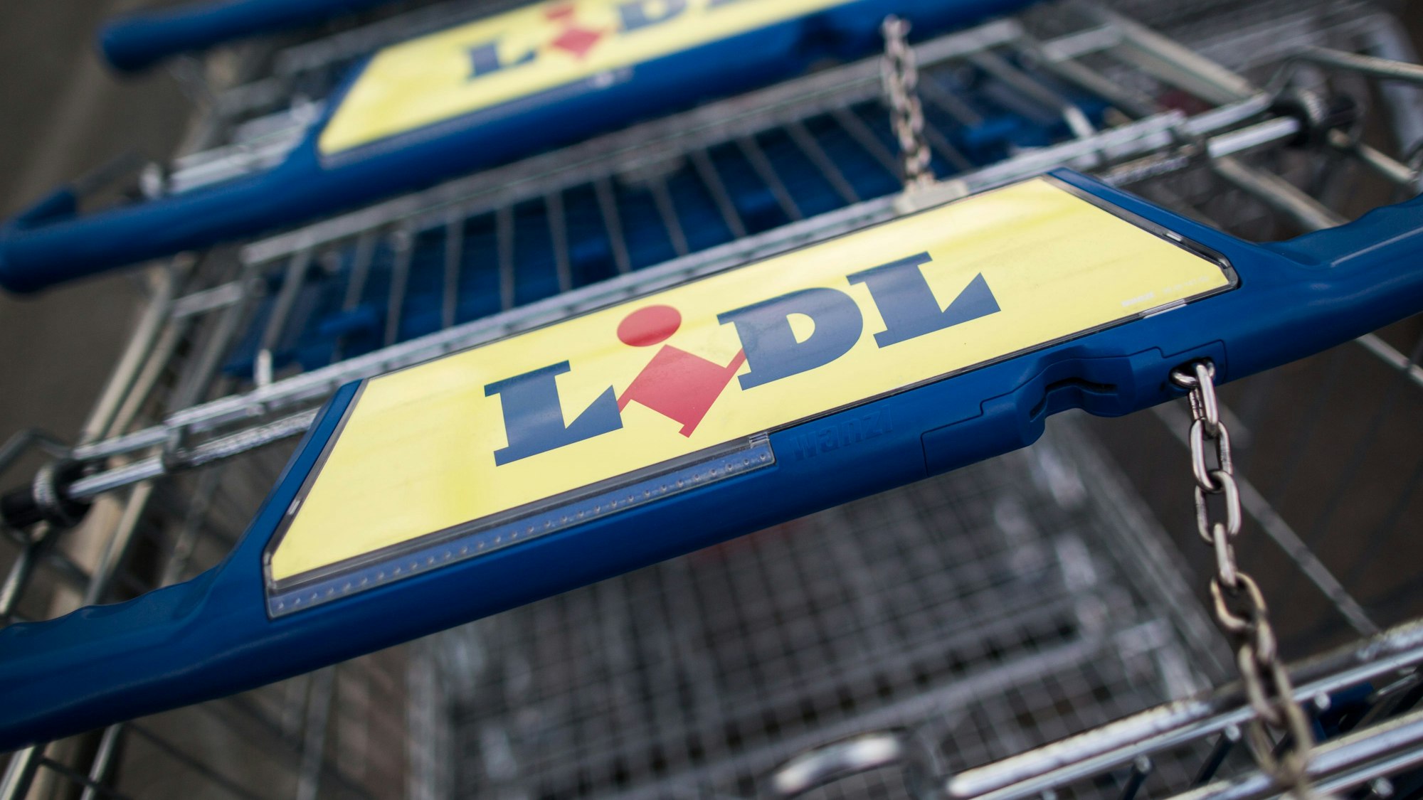 Mehrere Lidl-Einkaufswagen stehen in einer Reihe.
