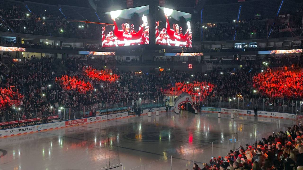 Kölner Haie gegen die Düsseldorfer EG, Blick in die Arena mit Hai-Maul vor dem Spiel.