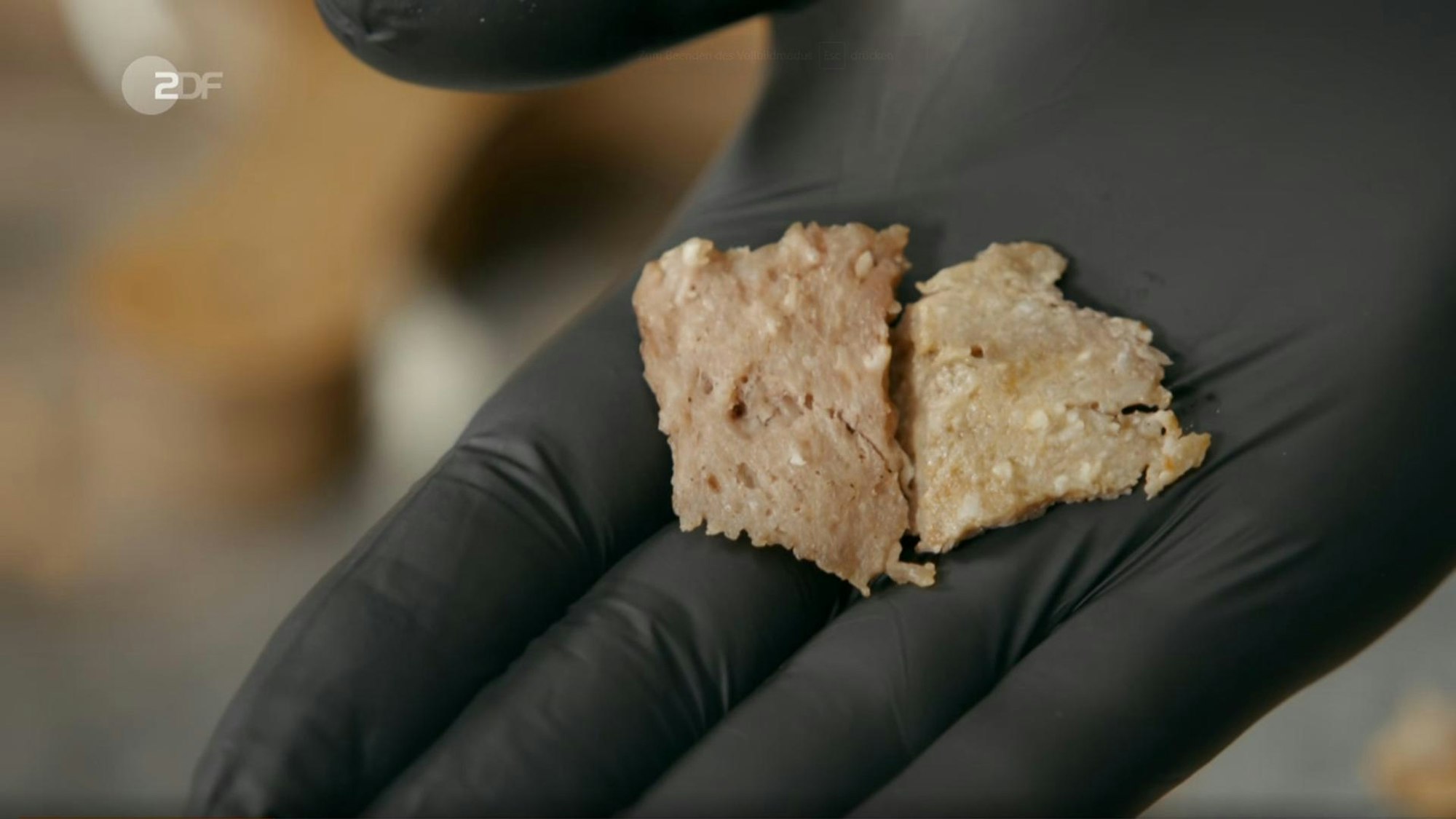 Lebensmittel-Experte Sebastian Lege hält für die ZDF-Reportage ein Stück Fake-Döner-Fleisch in die Kamera: Der Experte entdeckt viele winzig kleine helle Stellen im Fleisch, es ist nicht so strukturiert wie Schicht-Fleisch. In Indiz dafür, dass das „Fleisch“ am Ende eine einzige geformte Masse ist.
