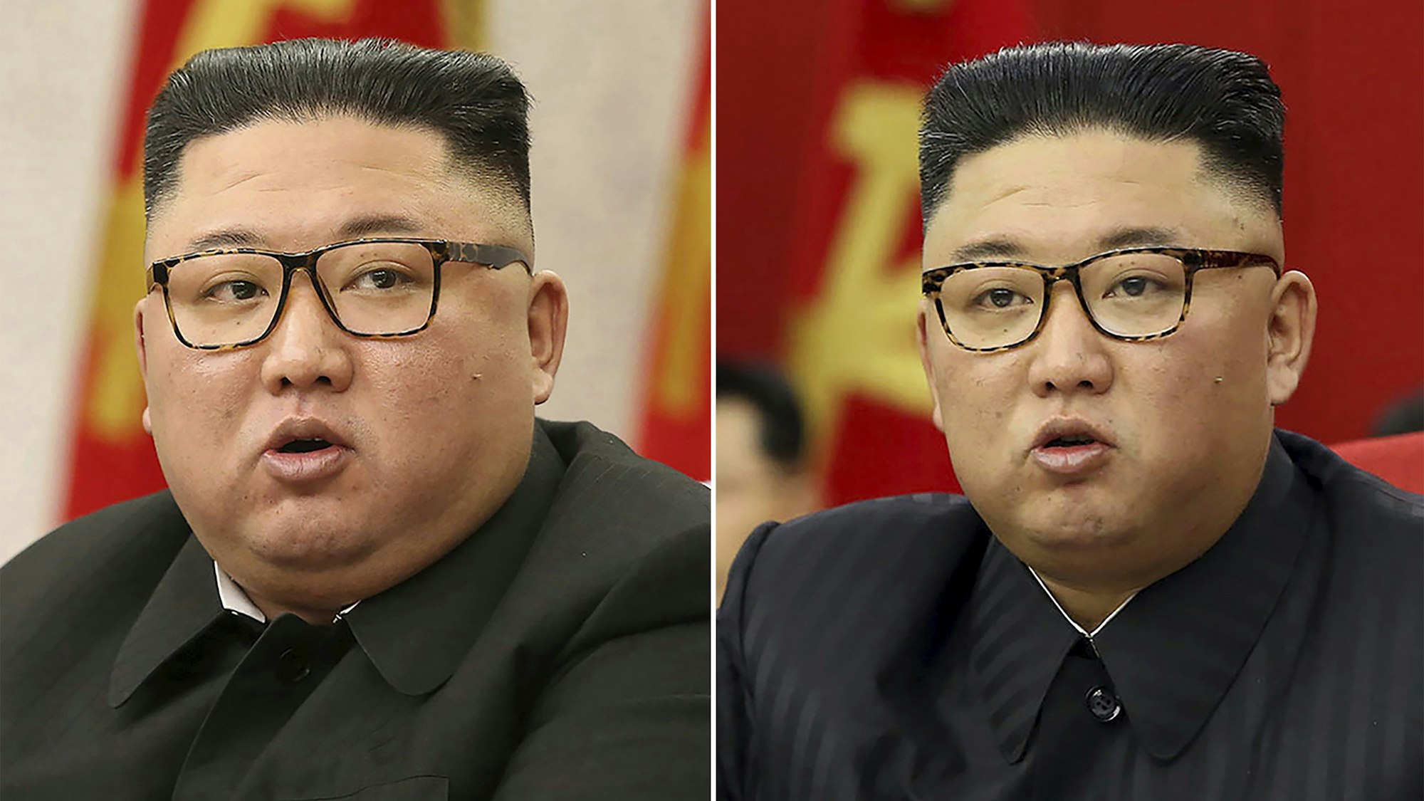 Die Bilderkombo, die von der nordkoreanischen Regierung bereitgestellt wurde, zeigt den nordkoreanischen Machthaber Kim Jong-un links bei einem Treffen der Arbeiterpartei in Pjöngjang am 8. Februar 2021 – auf der anderen Seite ist ein aktuelleres Foto von ihm vom 15. Juni 2021 zu sehen. Dort sieht er deutlich schlanker aus.