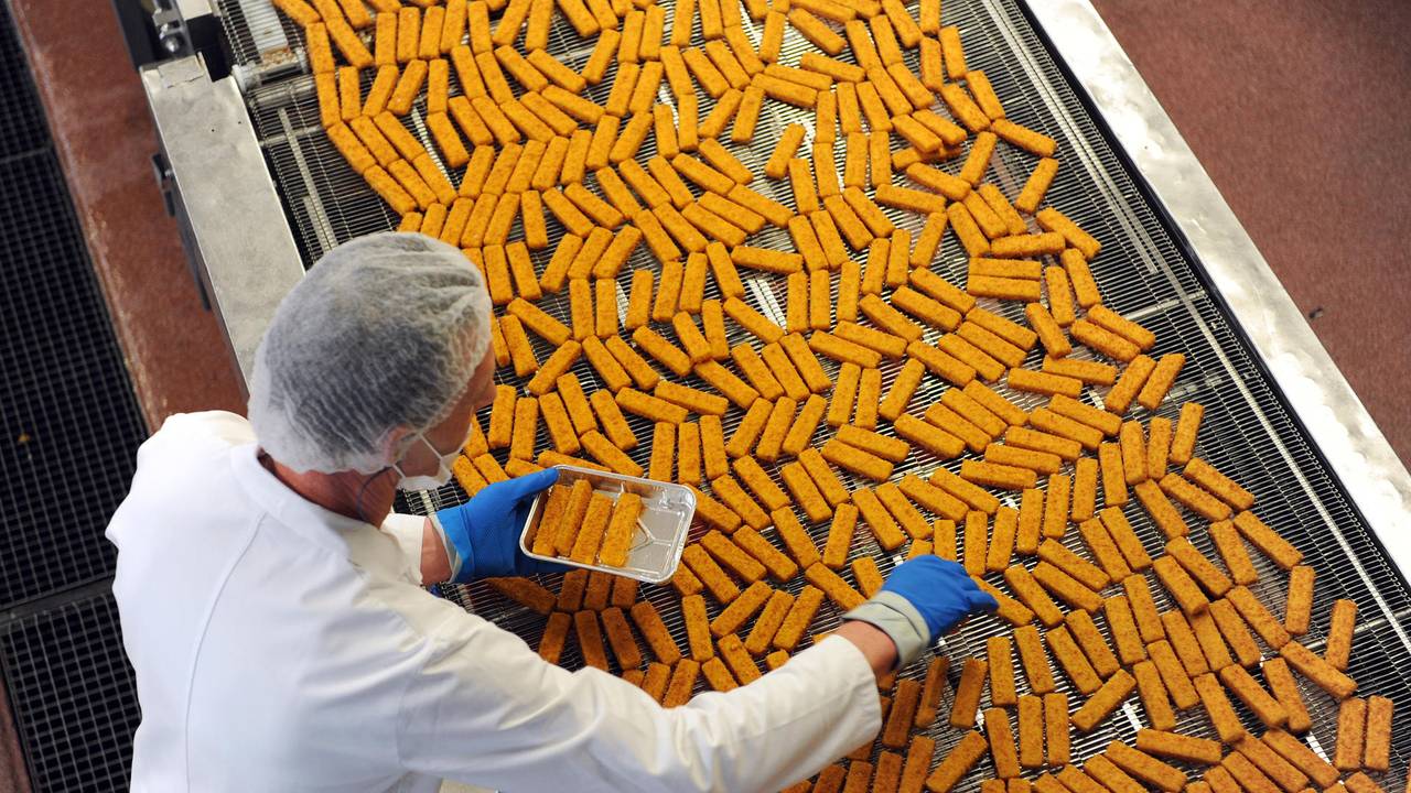 Ein Mitarbeiter kontrolliert Fischstäbchen bei Frosta. Die Verbraucherzentrale hat Produkte untersucht, die auf Fisch verzichten.