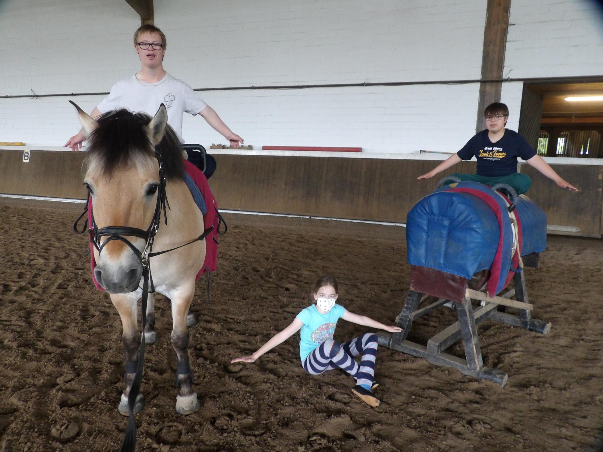 Kinder mit einem Therapiepferd während der Reittherapie.