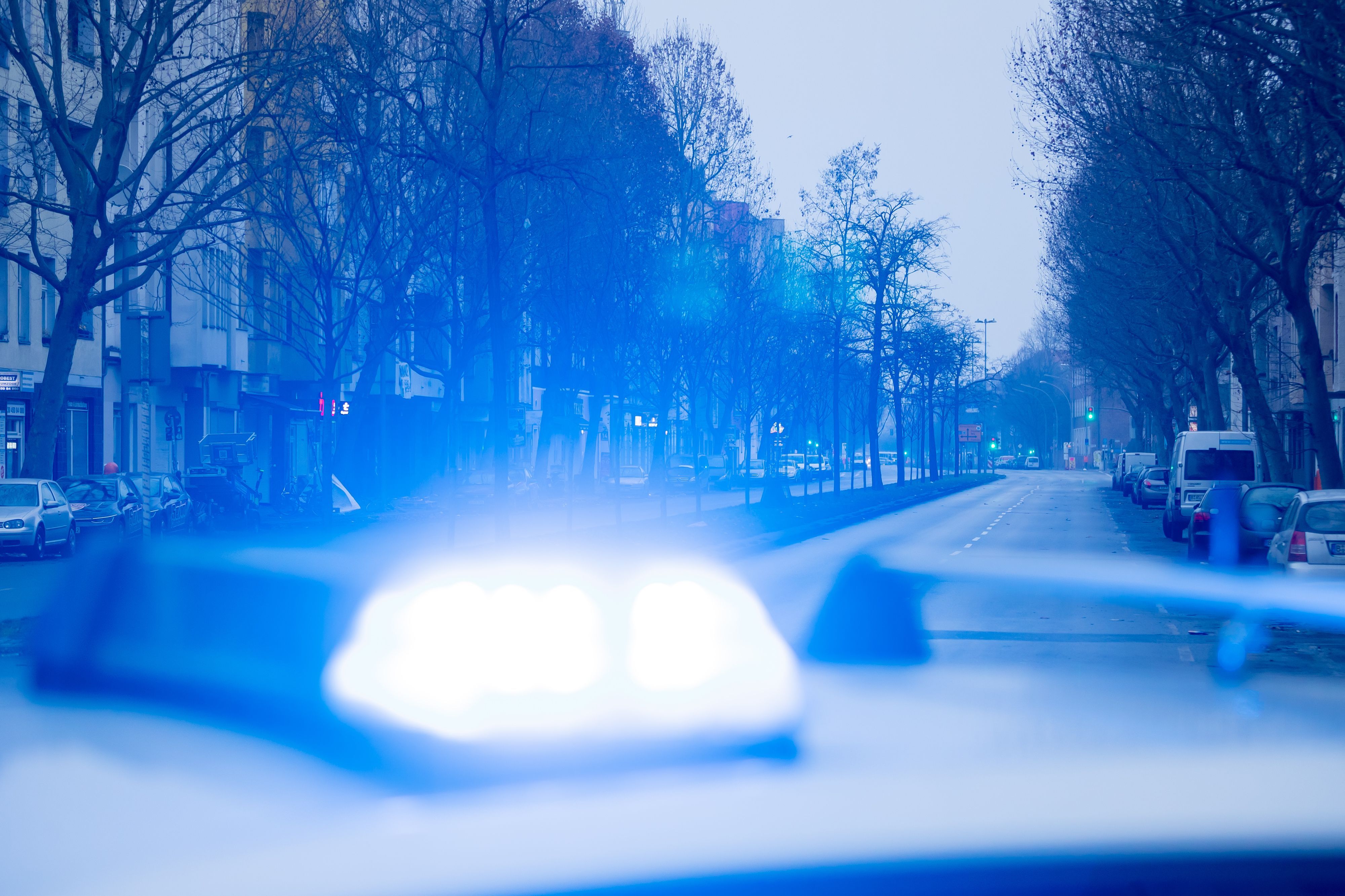 Das Blaulicht leuchtet auf einem Polizeiwagen.