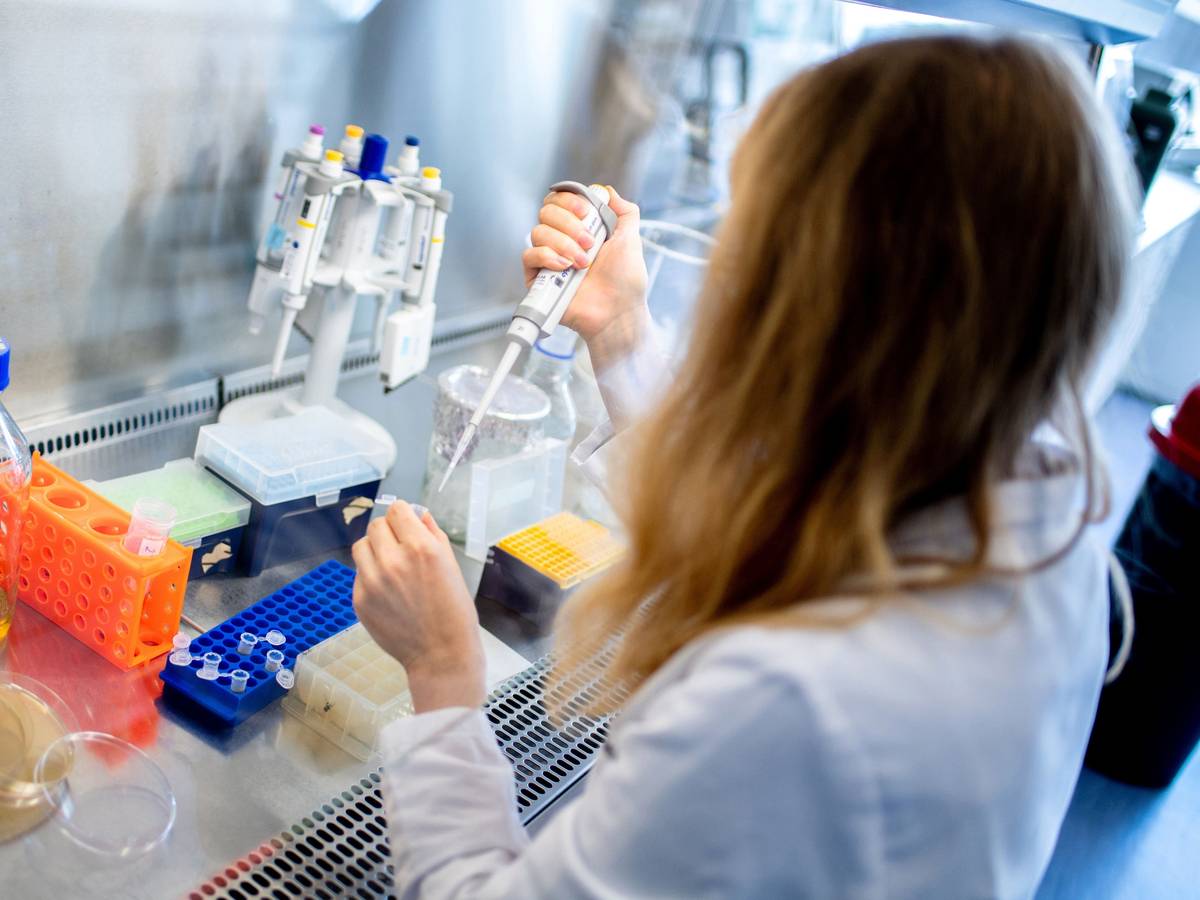 Unser Symbolbild zeigt Katharina Kleilein, wissenschaftliche Mitarbeiterin im Unternehmen Corat Therapeutics, überprüft in einem sterilen Bereich selektierte Antikörper mit einer Pipette. Das im Jahr 2020 gegründete Biotechnologieunternehmen mit Sitz in Braunschweig entwickelt ein Medikament gegen Covid-19. Das Bild wurde am 21. April 2021 aufgenommen.
