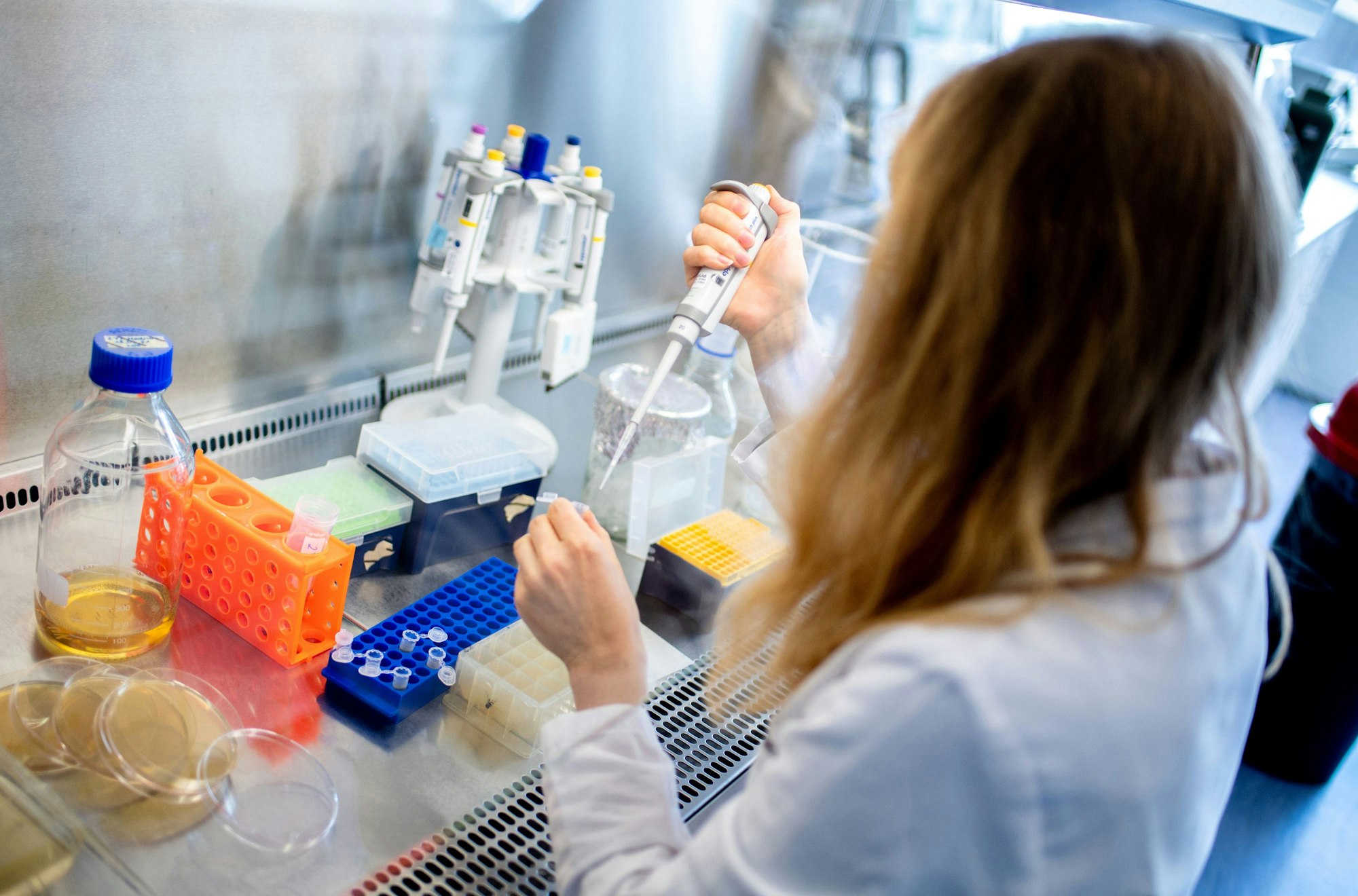 Unser Symbolbild zeigt Katharina Kleilein, wissenschaftliche Mitarbeiterin im Unternehmen Corat Therapeutics, überprüft in einem sterilen Bereich selektierte Antikörper mit einer Pipette. Das im Jahr 2020 gegründete Biotechnologieunternehmen mit Sitz in Braunschweig entwickelt ein Medikament gegen Covid-19. Das Bild wurde am 21. April 2021 aufgenommen.