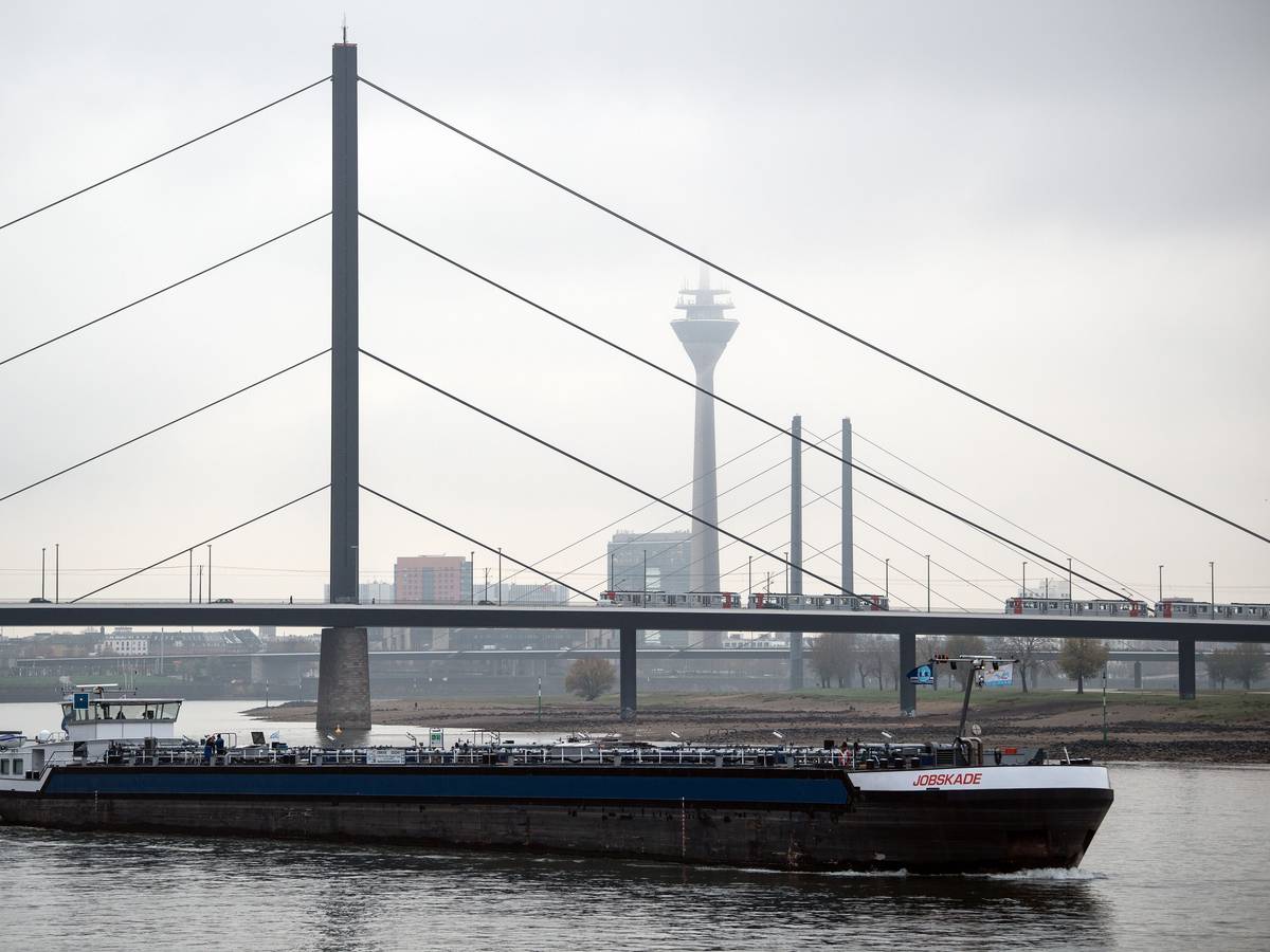 Ein Frachtschiff fährt auf dem Rhein vor der Kulisse der Rheinbrücken und des Rheinturms, der im Dunst beinahe verschwindet.