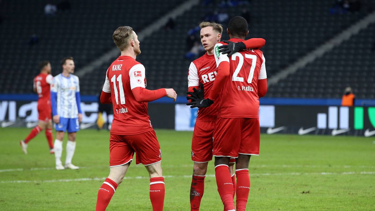 Florian Kainz, Ondrej Duda und Anthony Modeste jubeln gegen Hertha BSC.