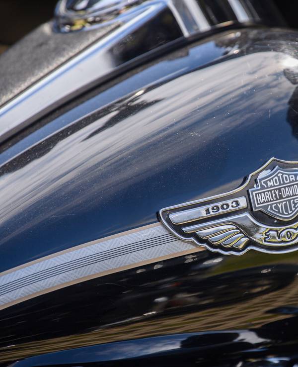 Das Logo von Harley-Davidson auf einem Motorrad-Modell.