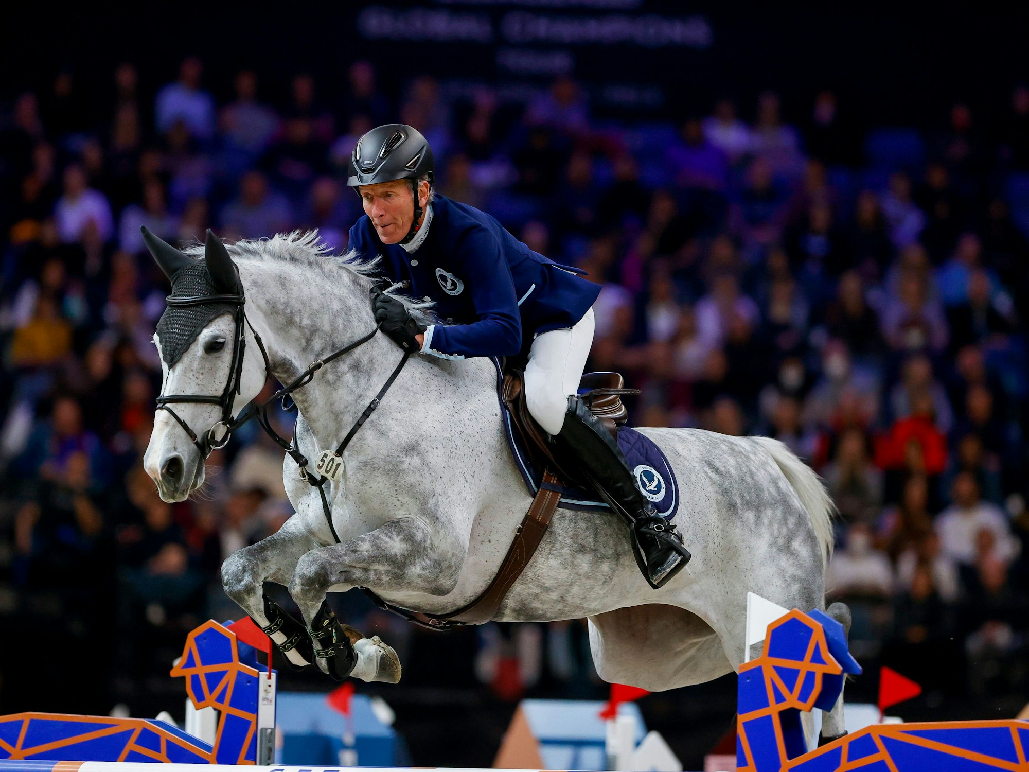 Ludger Beerbaum springt mit seinem Pferd über ein Hindernis.