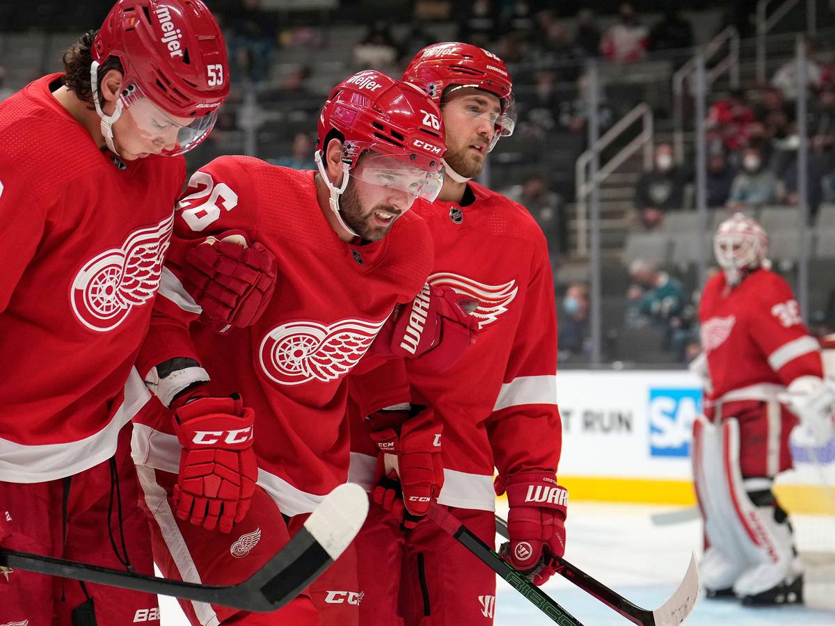 Red-Wings-Spieler Moritz Seider (l) hilft Kollegen Riley Barber (m) im NHL-Spiel gegen die San José Sharks vom Feld.