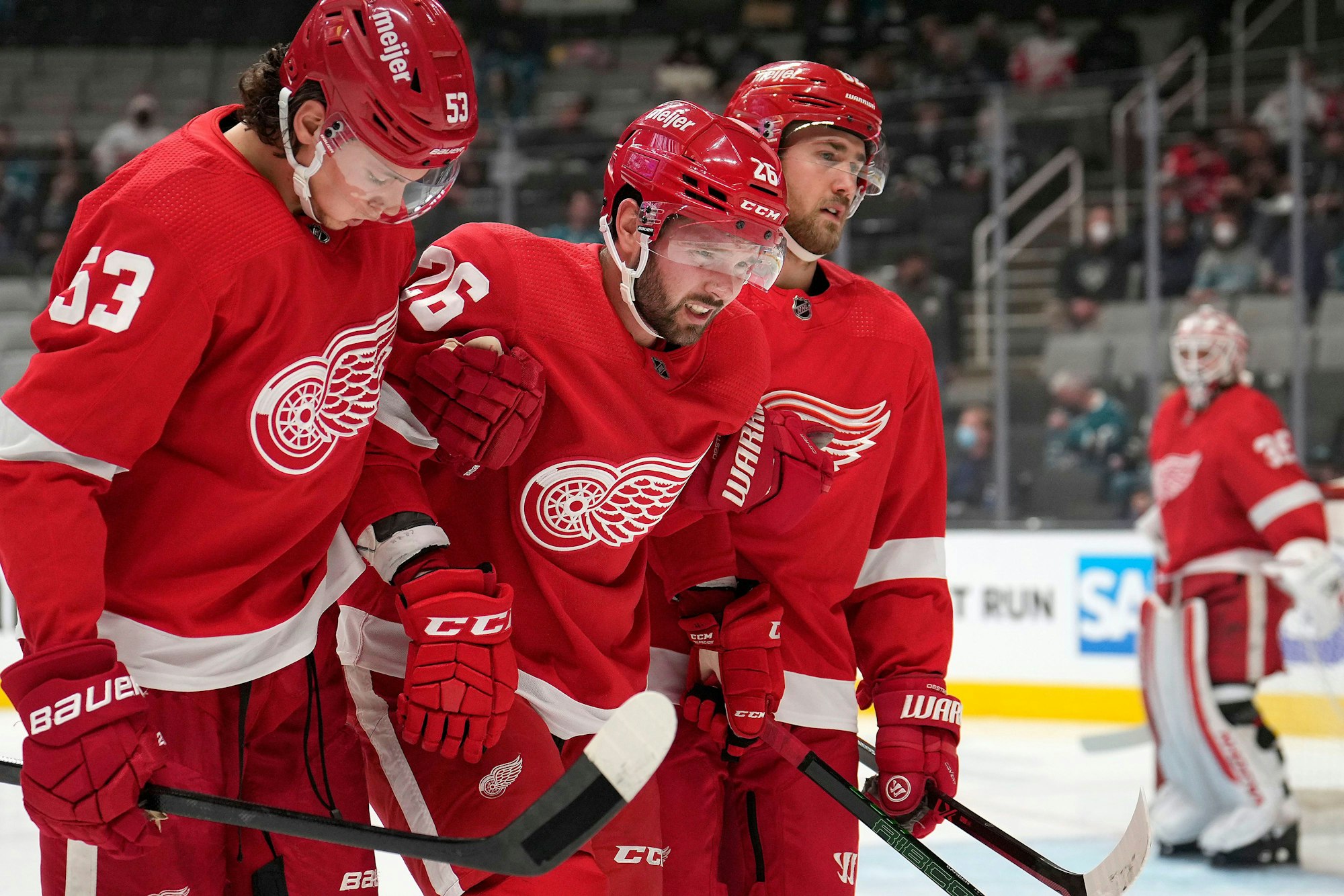 Red-Wings-Spieler Moritz Seider (l) hilft Kollegen Riley Barber (m) im NHL-Spiel gegen die San José Sharks vom Feld.