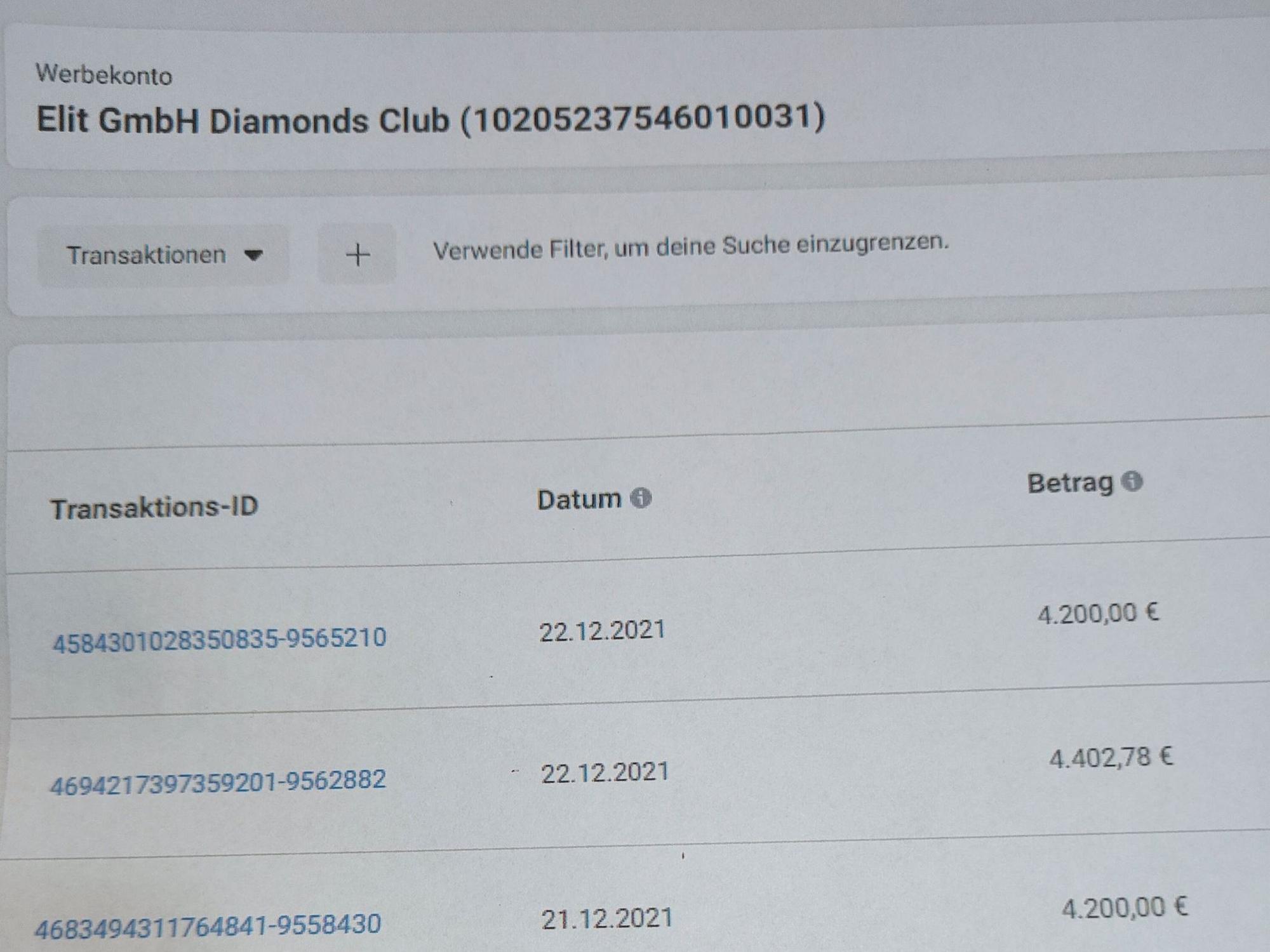 Eine Übersicht über die Transaktionen von "Diamonds"-Konto