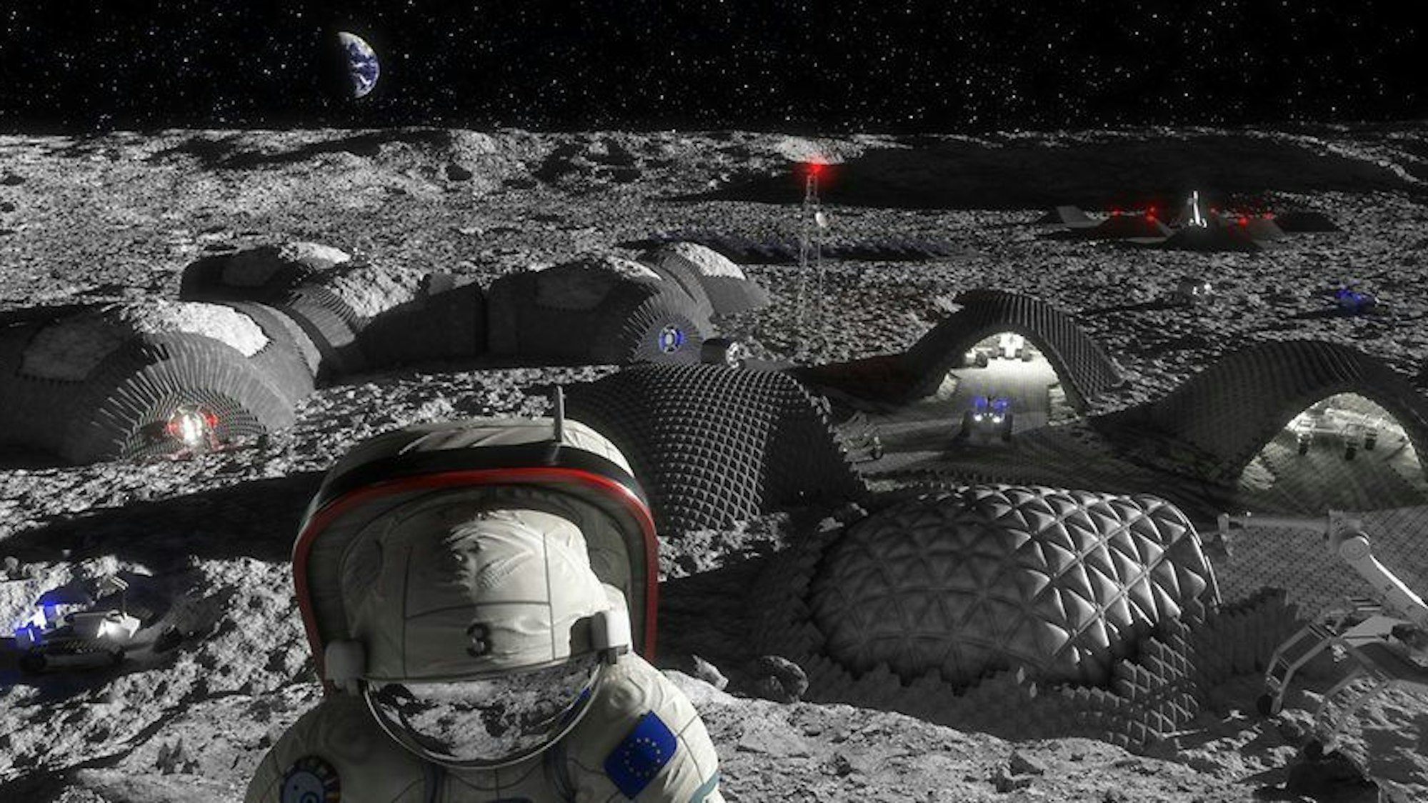 Grafik einer Mondstation mit einem Astronauten.