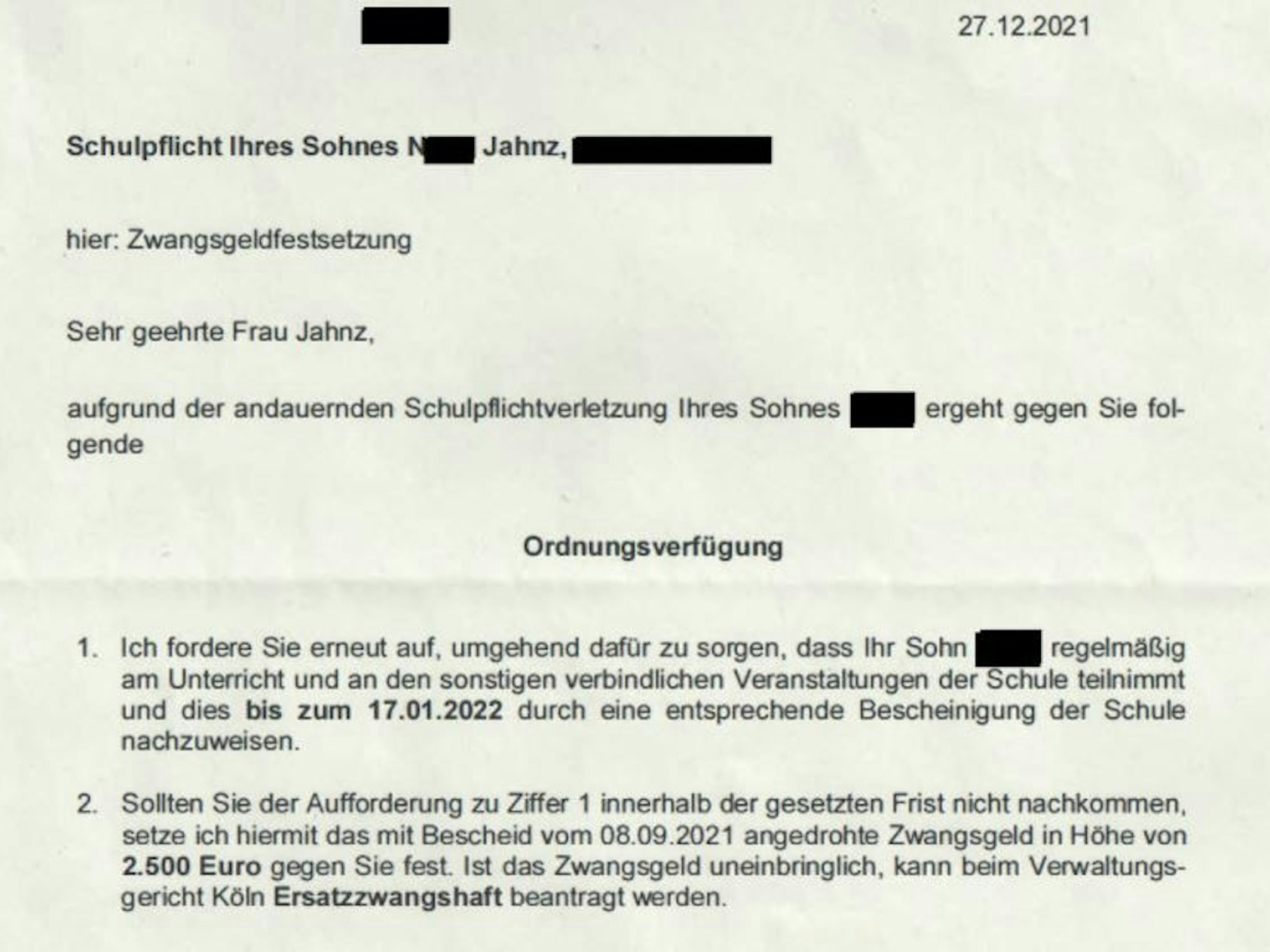 Zwangsgeldbescheid Jahnz