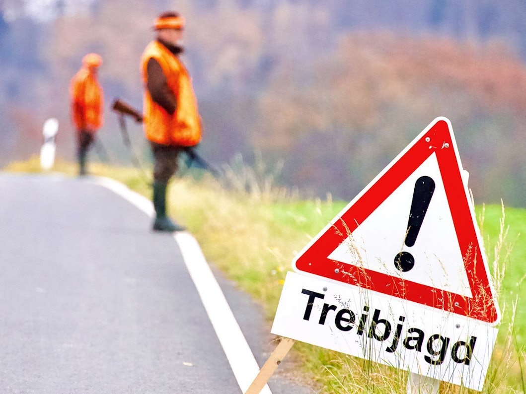 Ein Warnhinweisschild steht während einer Treibjagd am Rande einer Straße. Im Hintergrund stehen Jäger mit Gewehren.