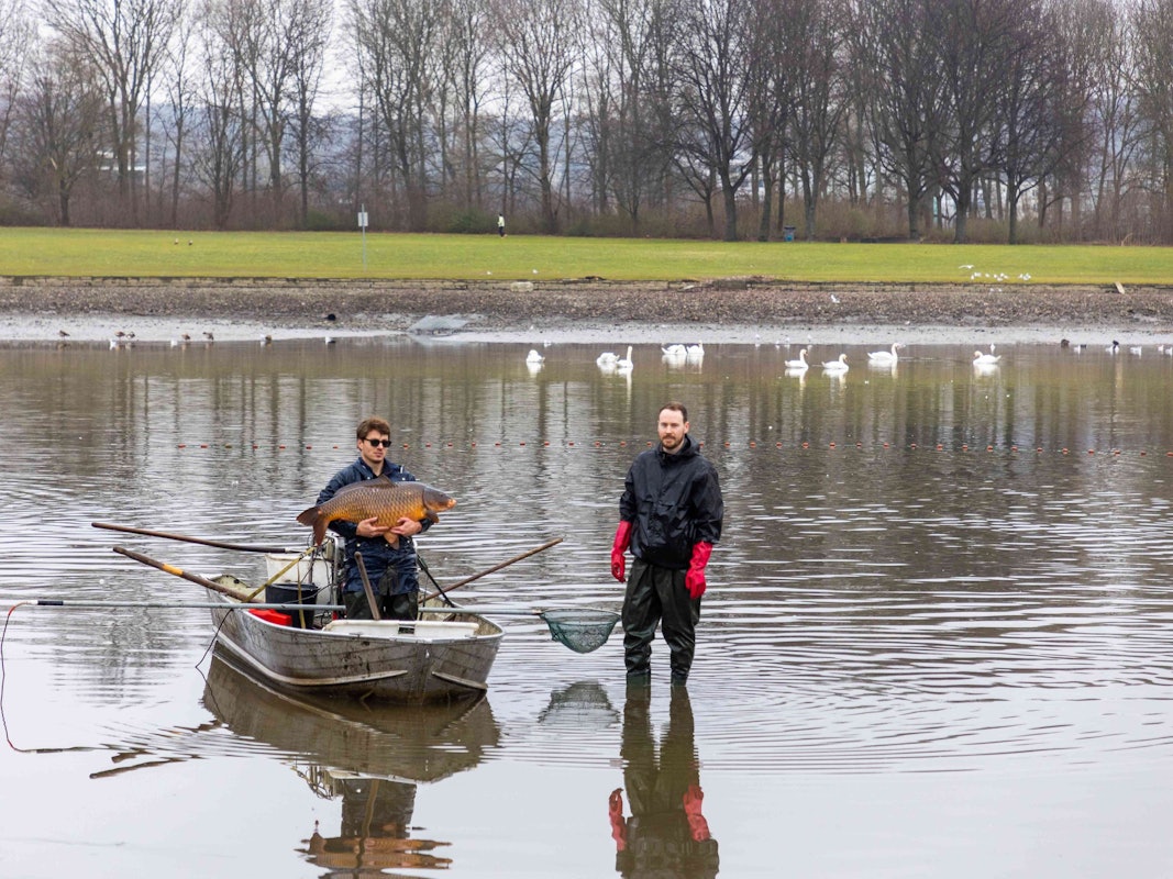 Ein Mann auf einem Boot hält einen Fisch.