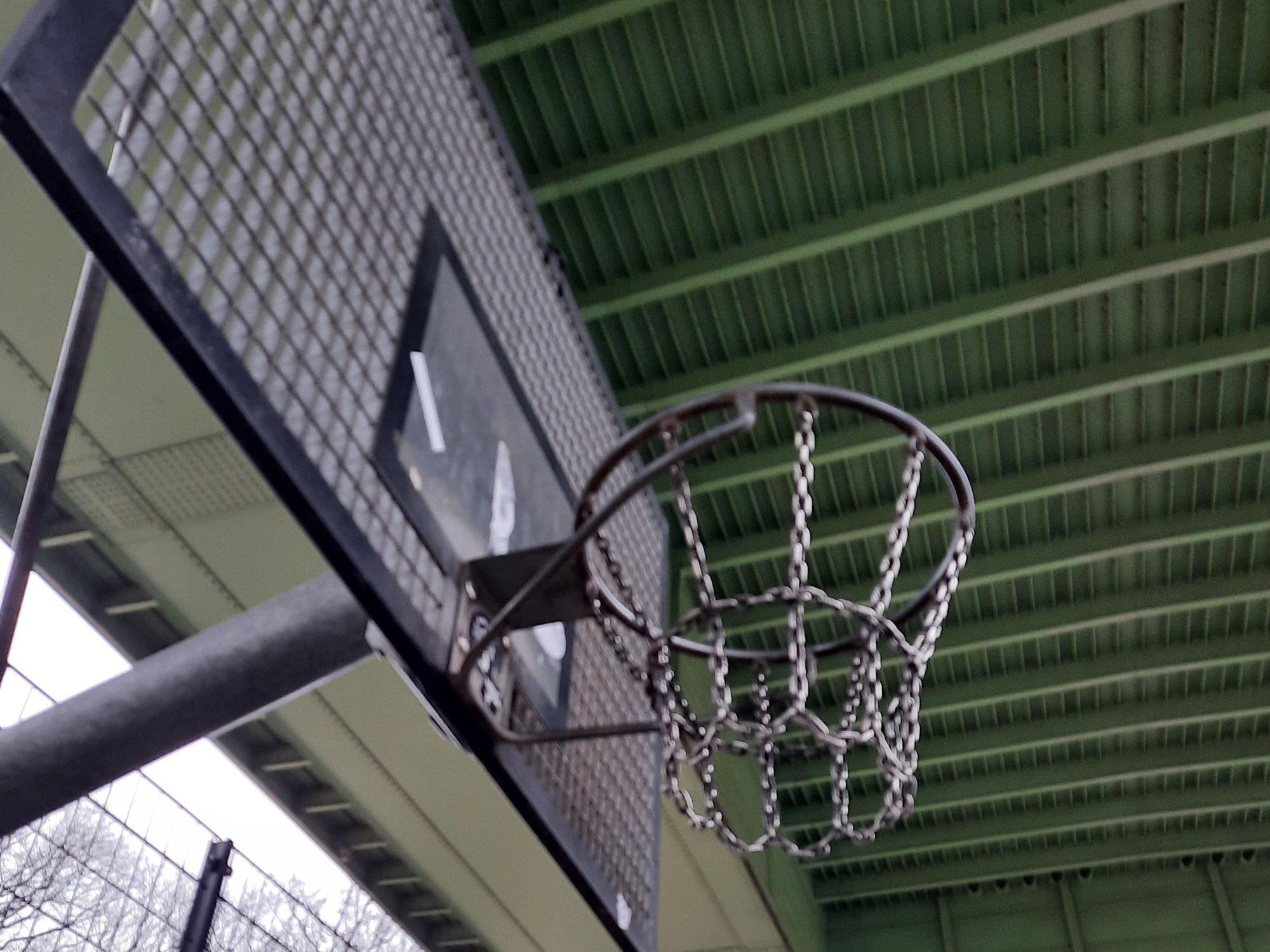 Die Reusen der Körbe sind auch auf dem Basketballplatz unter der Zoobrücke aus Metall.