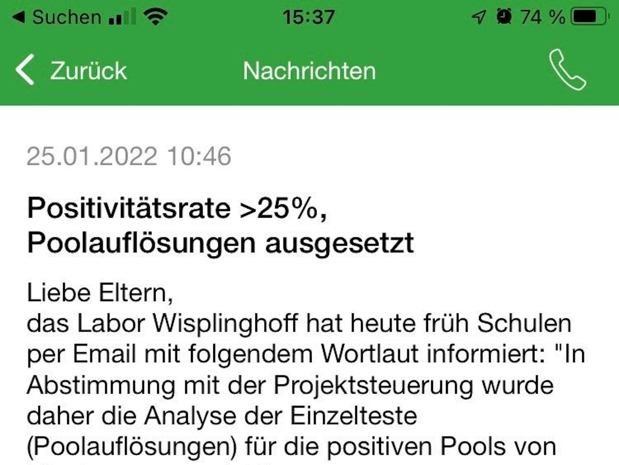 Der Text über die Aussetzung der Einzeltestauflösung.