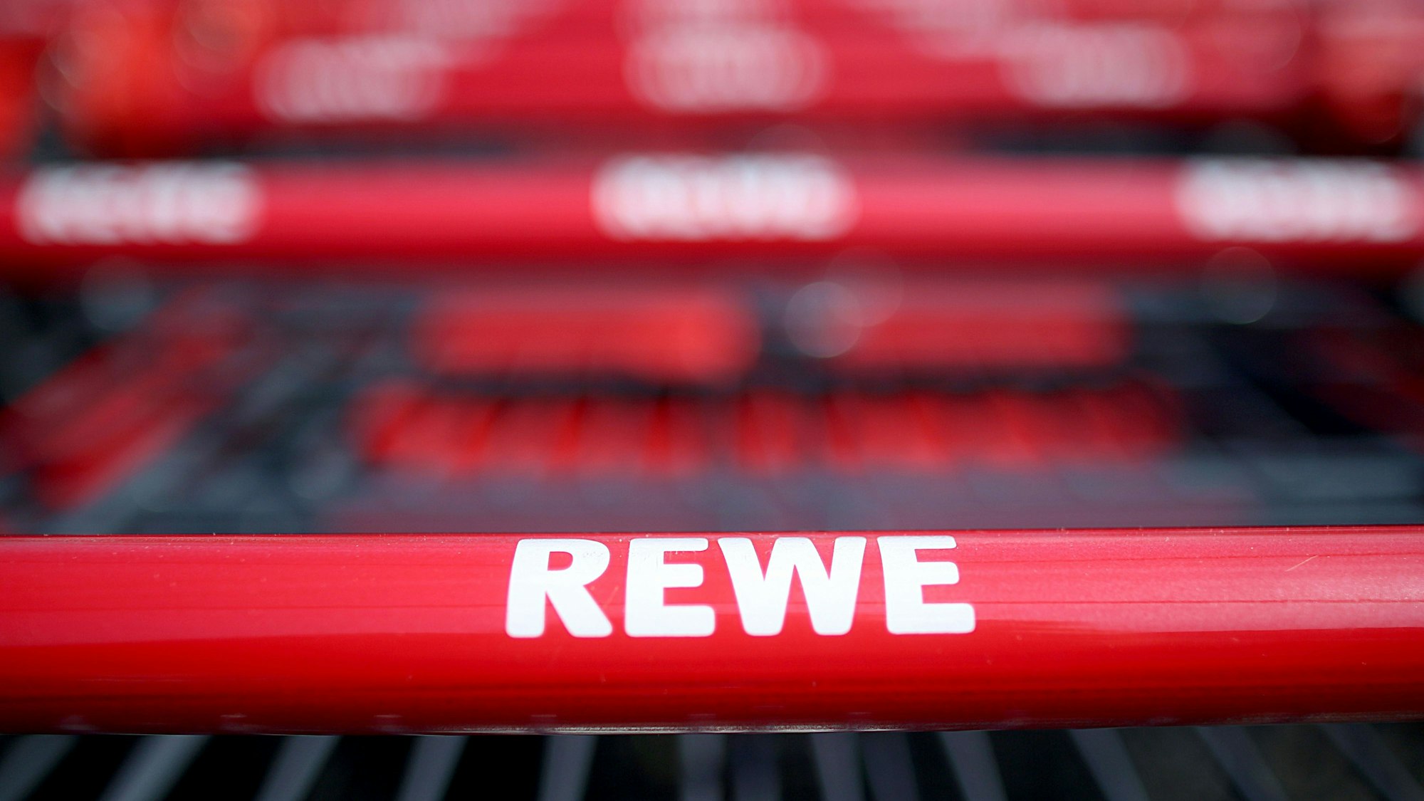 Einkaufswagen stehen vor einem Rewe Supermarkt.
