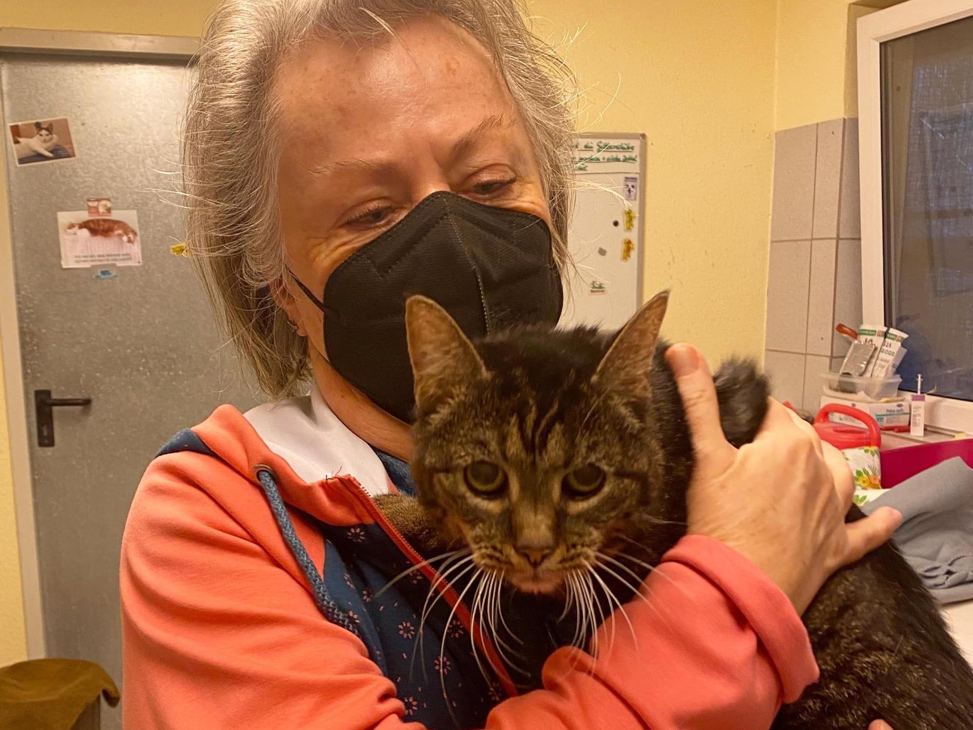 Katze Pucki auf dem Arm ihres neuen Frauchens.