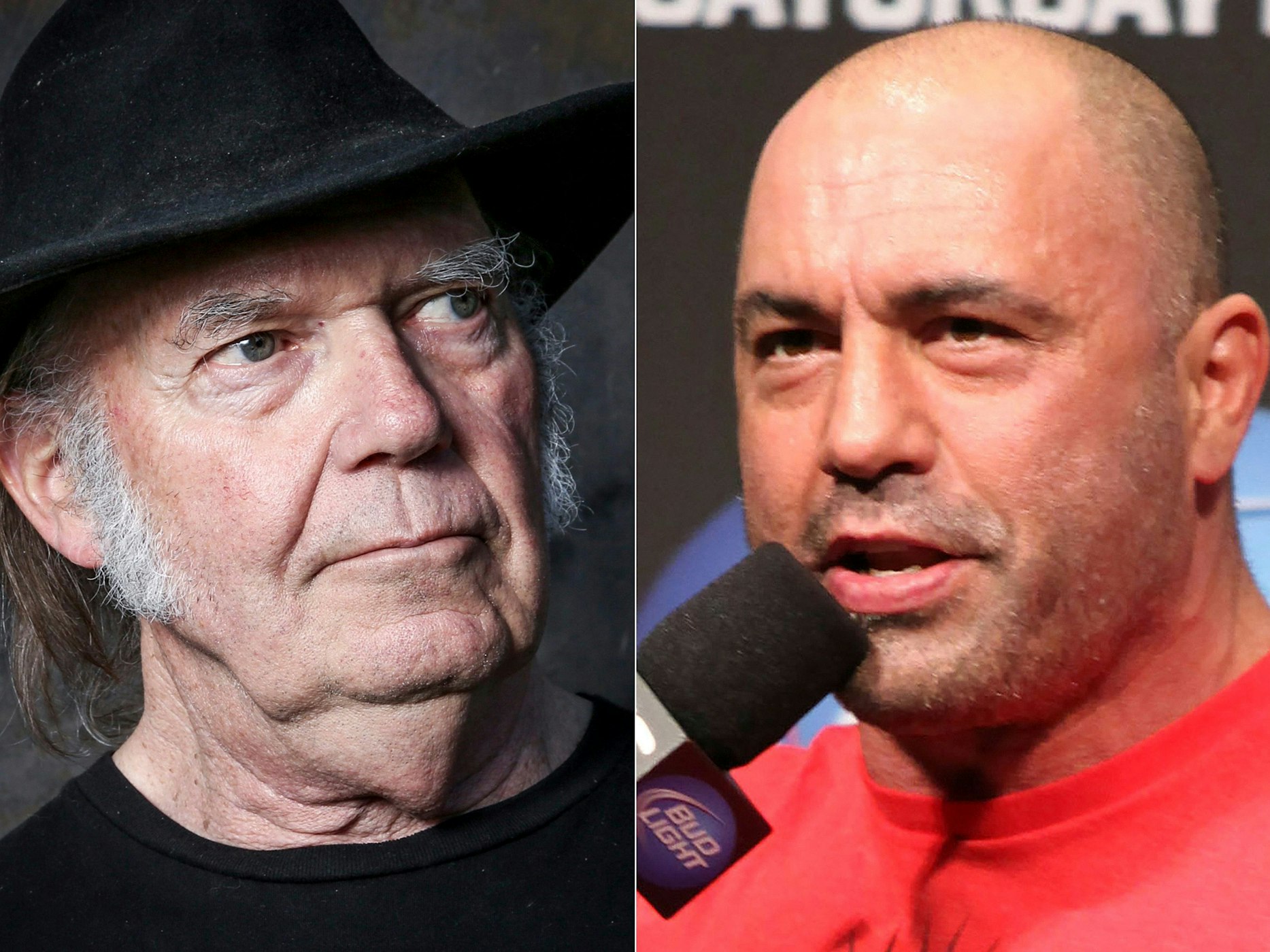 Neil Young (links) in Calabasas, Kalifornien, am 18. Mai 2016 und Podcaster Joe Rogan in Seattle am 7. Dezember 2012.