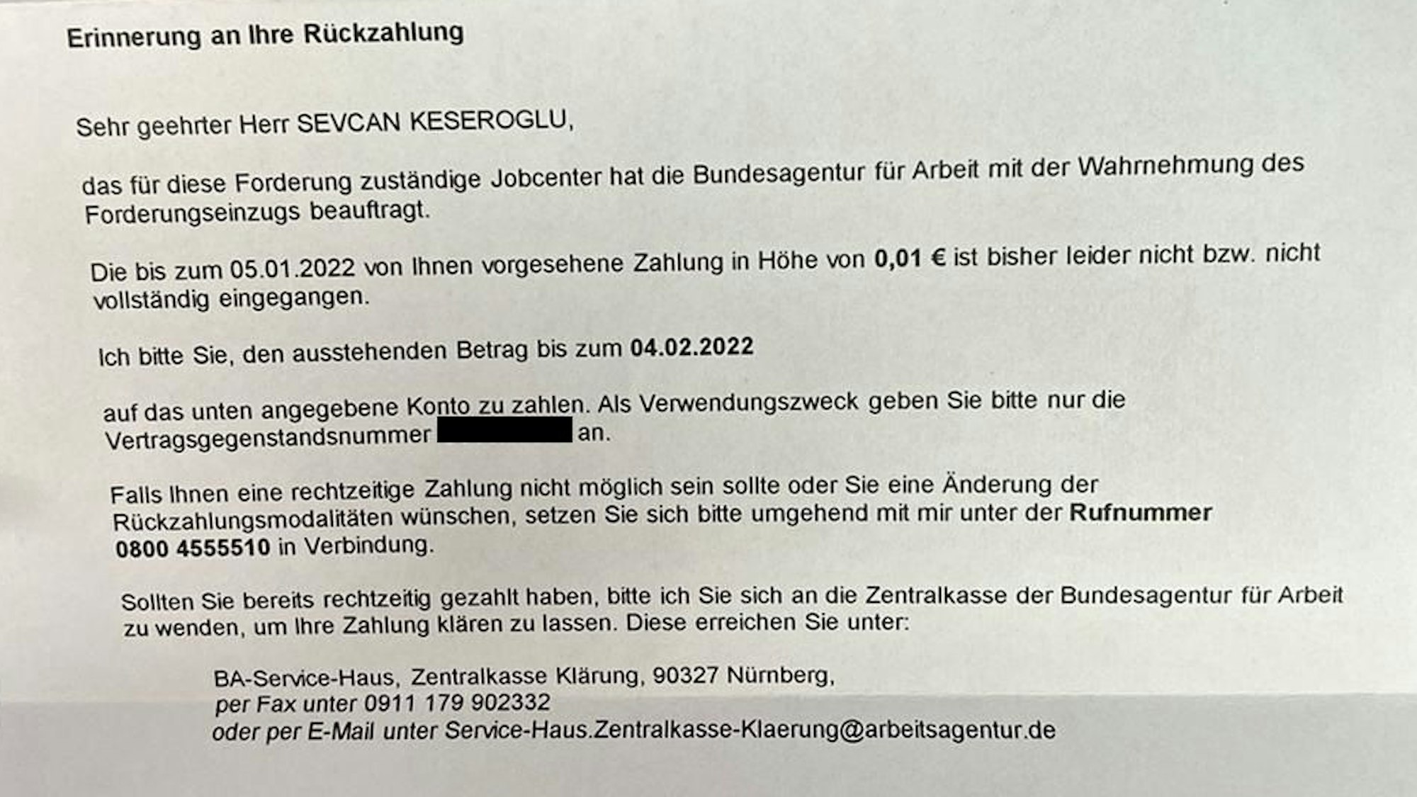 Ein Brief mit einer Forderung in Höhe von 1 Cent.