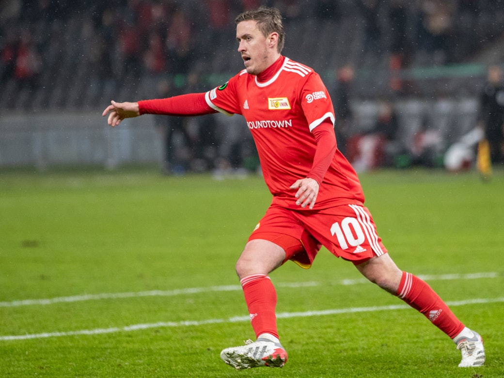 Fußball: UEFA Europa Conference League, 1. FC Union Berlin - Slavia Prag, Gruppenphase, Gruppe E, 6. Spieltag, Olympiastadion. Berlins Max Kruse jubelt nach seinem Treffer zum 1:1.