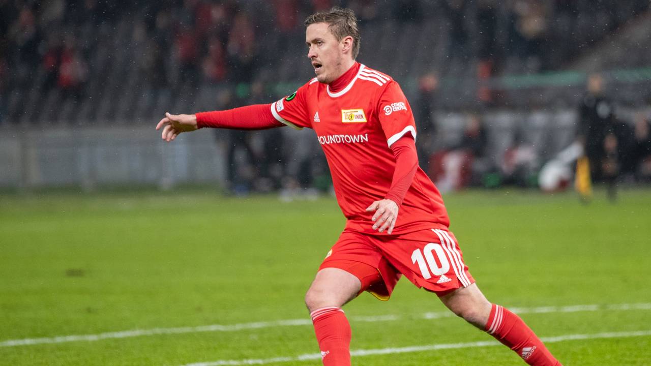 Fußball: UEFA Europa Conference League, 1. FC Union Berlin - Slavia Prag, Gruppenphase, Gruppe E, 6. Spieltag, Olympiastadion. Berlins Max Kruse jubelt nach seinem Treffer zum 1:1.