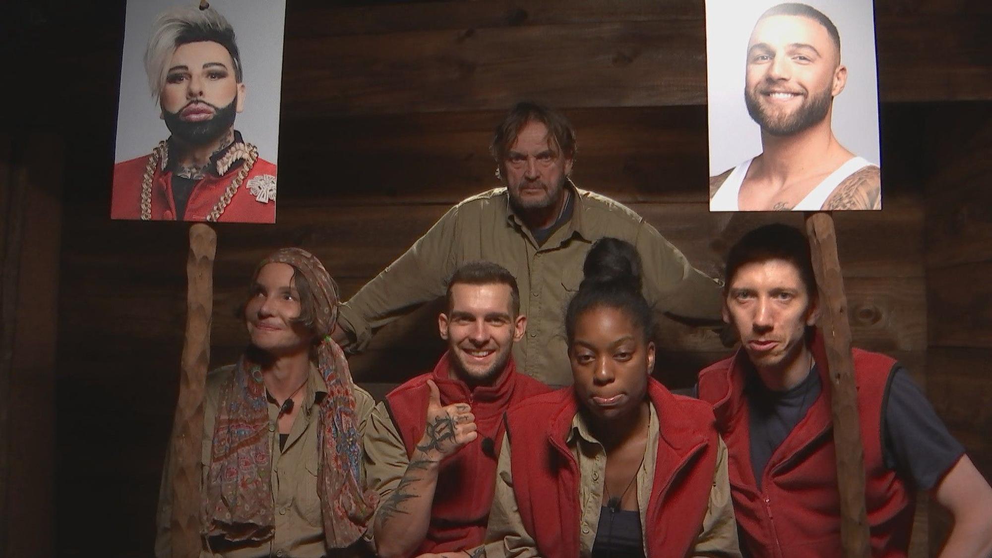 Das Bild zeigt die Kandidaten und Kandidatinnen des RTL-„Dschungelcamp 2022“ in der Show vom 1. Februar 2022.