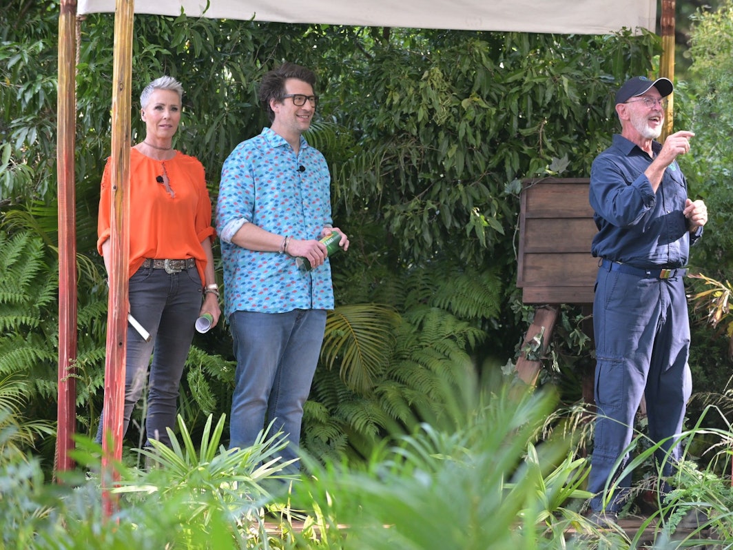 Im Dschungelcamp 2022 erklären Sonja Zietlow, Daniel Hartwich und Dr. Bob (rechts) eine Dschungelprüfung.