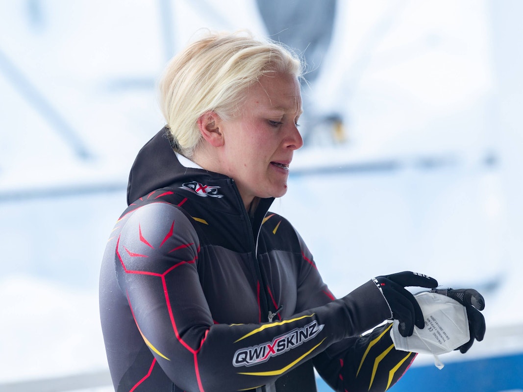 Skeleton-Pilotin Kim Meylemans am 10. Februar 2021 in Altenberg, Deutschland.