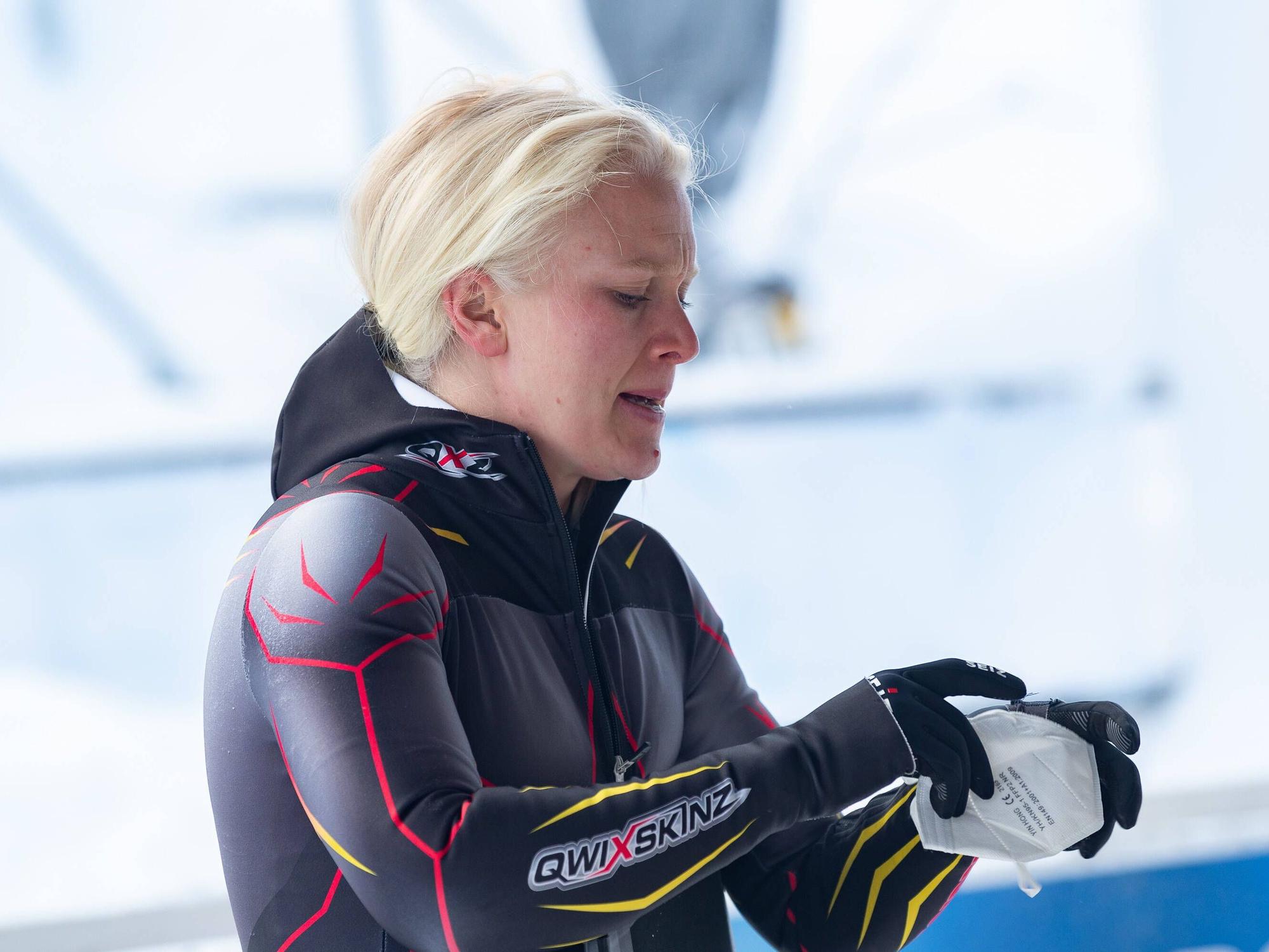 Skeleton-Pilotin Kim Meylemans am 10. Februar 2021 in Altenberg, Deutschland.