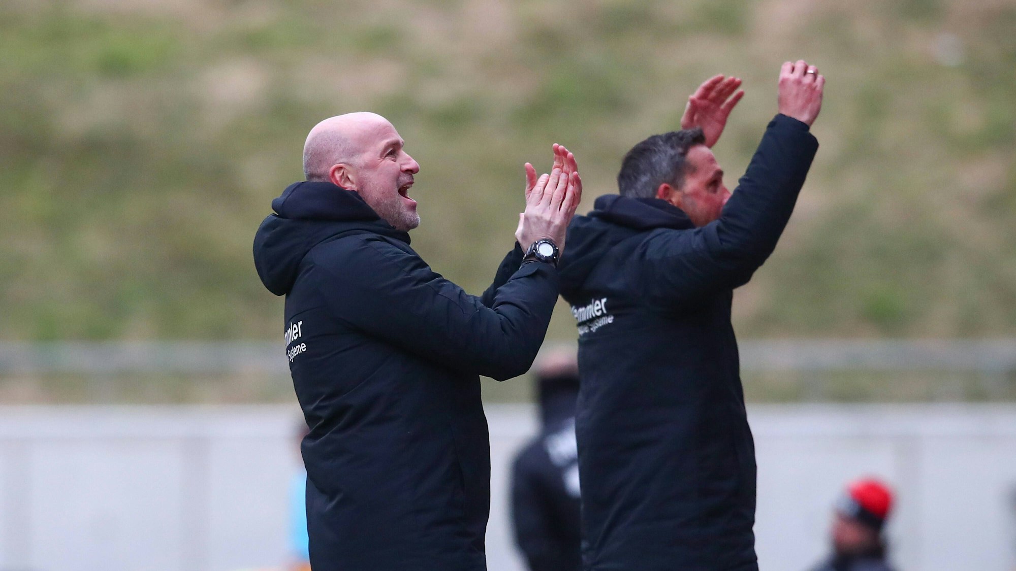 Lautern-Coach Marco Antwerpen und Co-Trainer Frank Döpper gestikulieren in Richtung Tribüne.