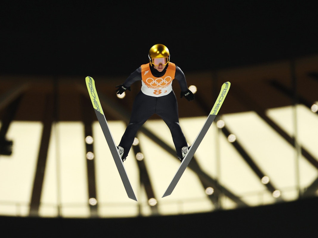 Katharina Althaus bei ihrem Versuch beim Team-Wettbewerb der Skispringer bei Olympia.