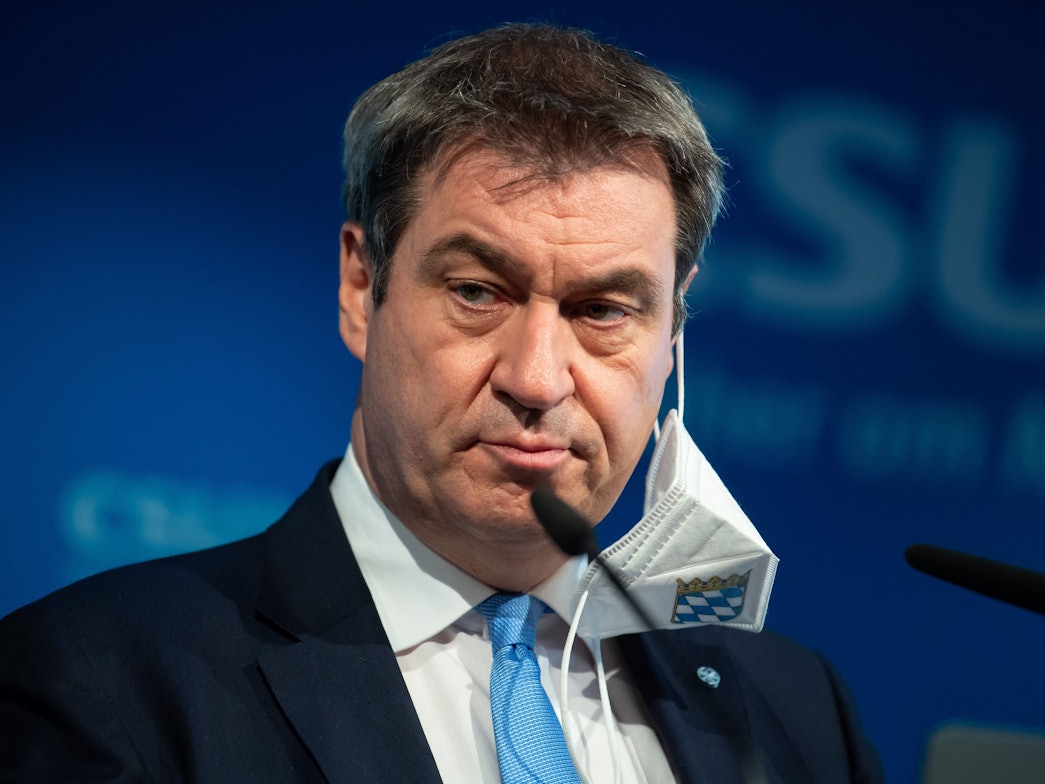 Markus Söder, CSU-Vorsitzender und Ministerpräsident von Bayern, nimmt am 7. Februar 2022 in der Parteizentrale nach einer Sitzung des CSU-Vorstands an einer Pressekonferenz teil.