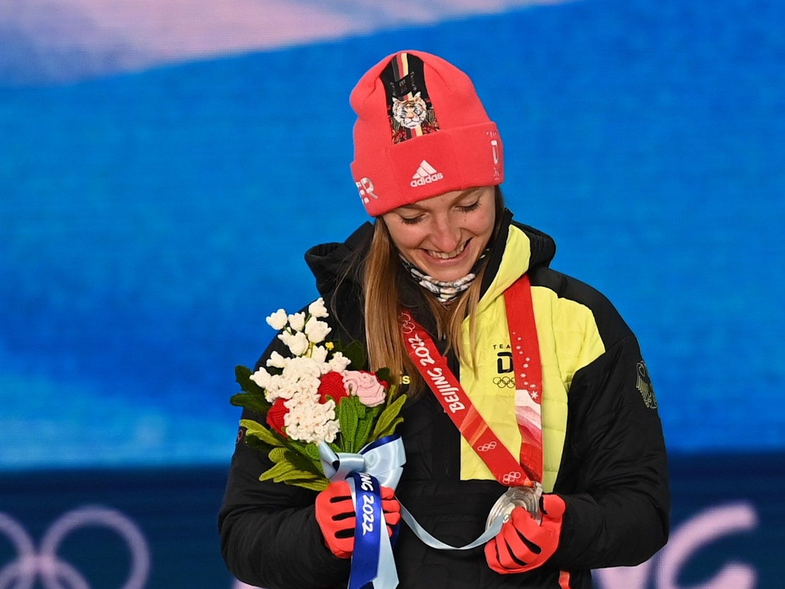 Skispringerin: Katharina Althaus aus Deutschland bei Olympia 2022 in Peking.