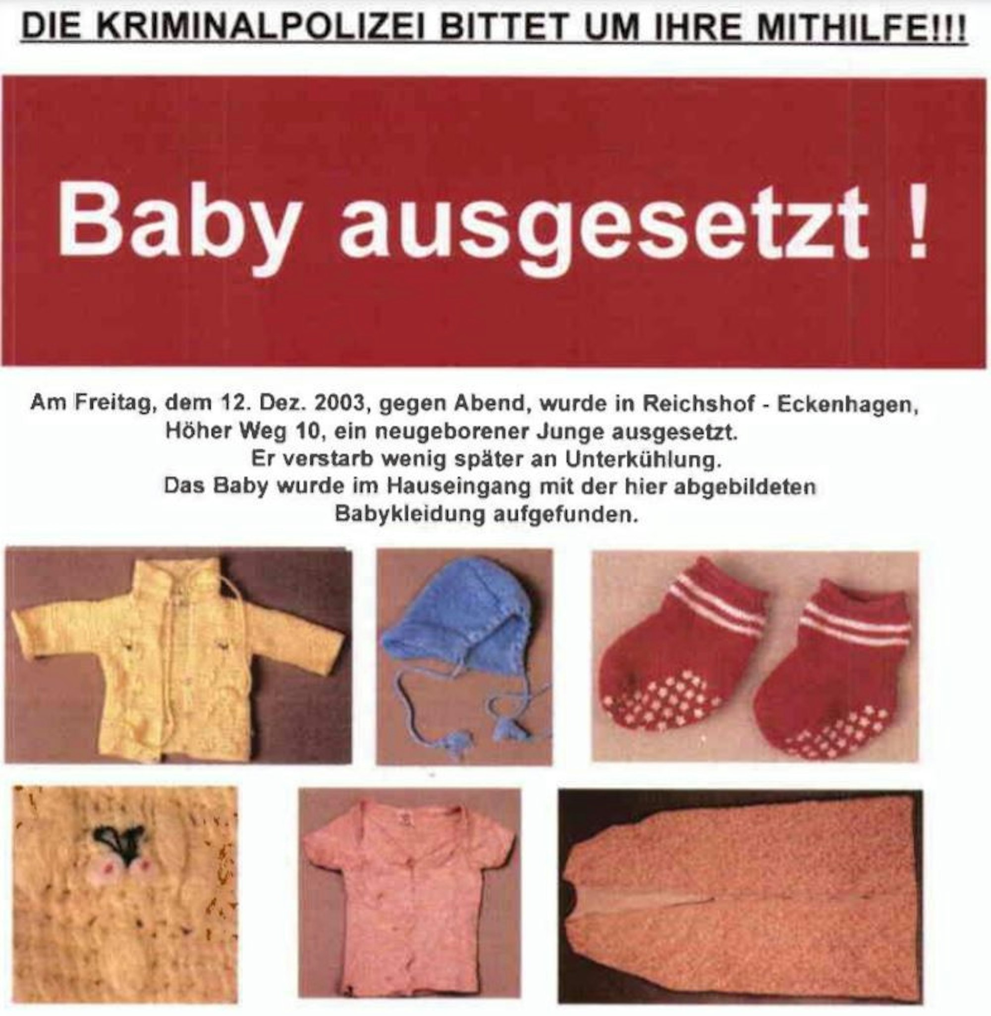 Ein Fahndungsplakat mit Fotos von Baby-Anziehsachen