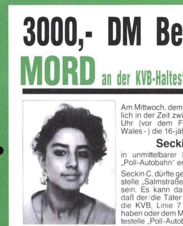 Ein Fahndungsplakat mit grünem Rand und Foto der Getöteten.