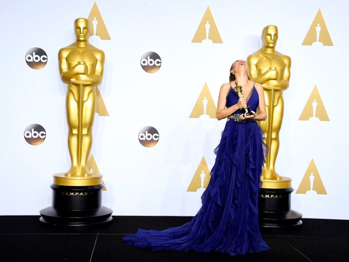 Brie Larson holds the Oscar for Actress in a Leading Role for 'Room' in the press room during the 88th annual Academy Awards ceremony at the Dolby Theatre in Hollywood, California, USA, 28 February 2016.