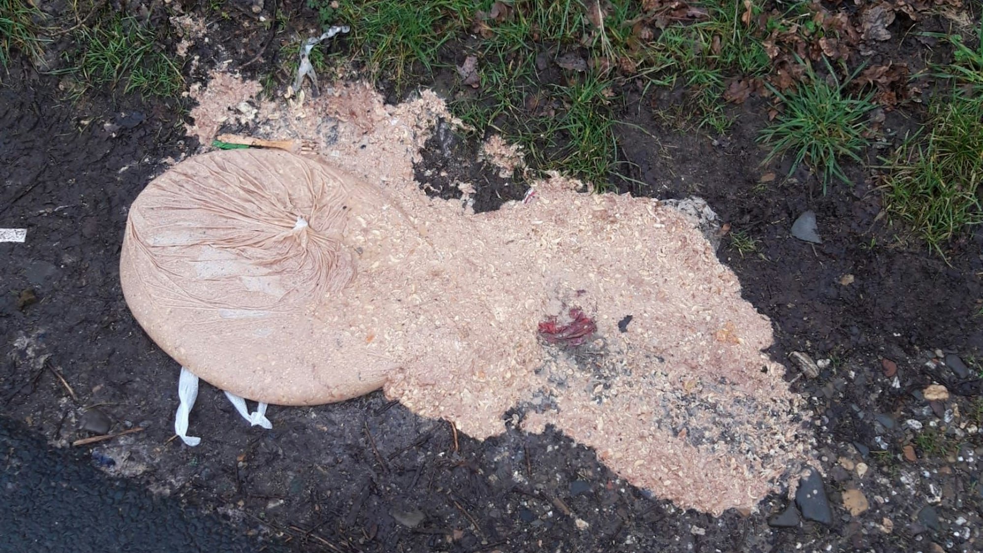 Auf dem Boden liegt ein aufgeplatzter Beutel mit Essen.