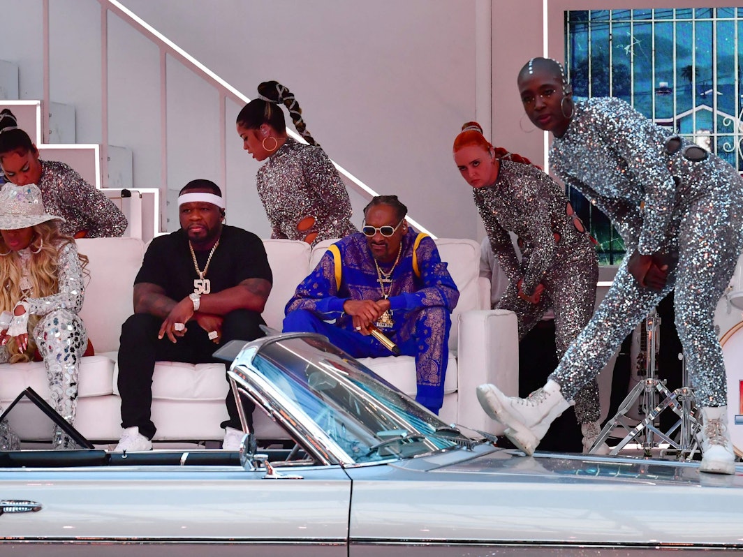 Mary J. Blige, Rapper 50 Cent und Rapper Snoop Doggbeim Super Bowl.