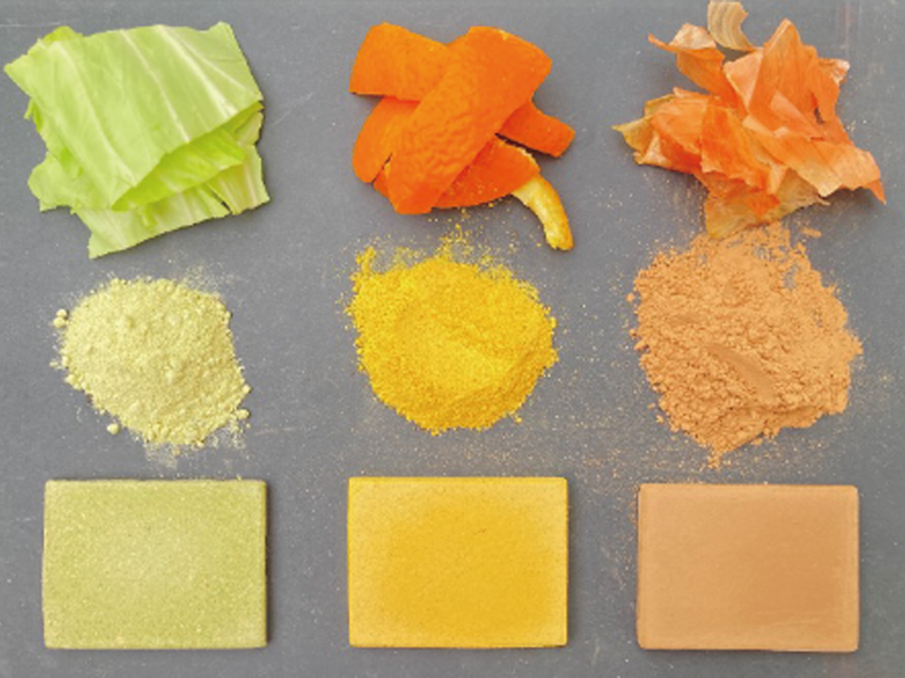 Wissenschaftler der Uni Tokio haben herausgefunden, dass Essensreste zu Baumaterialen verarbeitet werden können – hart wie Beton. Oben ist der Abfall zu sehen, ganz unten der fertige Baustoff.