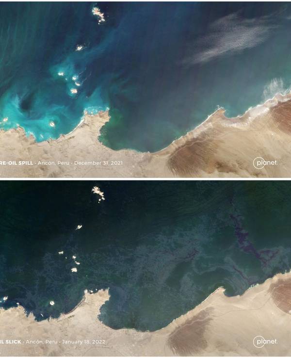 Das Satellitenfoto (unten) zeigt die Küste vor Peru am 18. Januar kurz nach der Ölkatastrophe: Die schwarze Verfärbung zeigt, wie sehr sich der Ölteppich im Pazifischen Ozean ausbreitet.