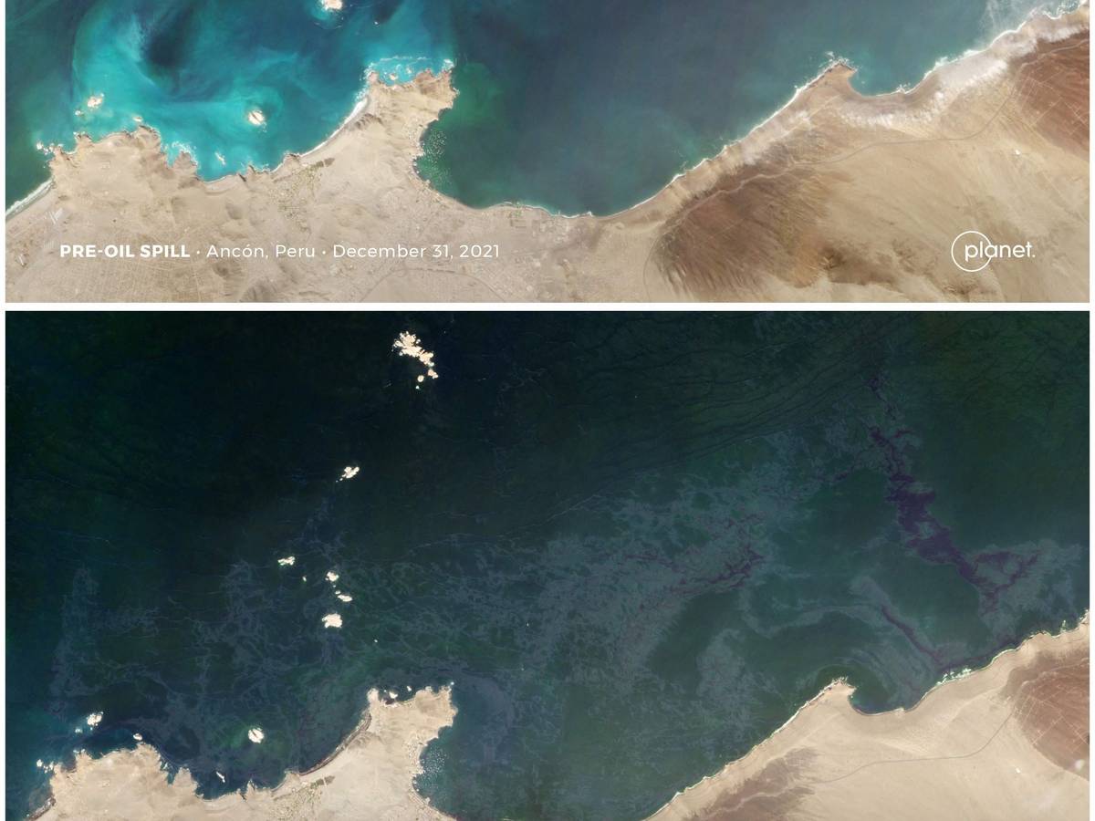Das Satellitenfoto (unten) zeigt die Küste vor Peru am 18. Januar kurz nach der Ölkatastrophe: Die schwarze Verfärbung zeigt, wie sehr sich der Ölteppich im Pazifischen Ozean ausbreitet.
