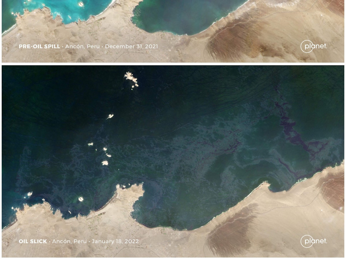 Das Satellitenfoto (unten) zeigt die Küste vor Peru am 18. Januar kurz nach der Ölkatastrophe: Die schwarze Verfärbung zeigt, wie sehr sich der Ölteppich im Pazifischen Ozean ausbreitet.
