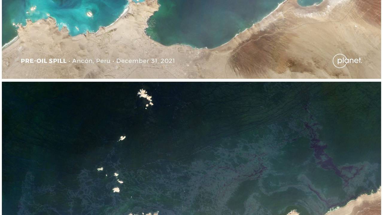 Das Satellitenfoto (unten) zeigt die Küste vor Peru am 18. Januar kurz nach der Ölkatastrophe: Die schwarze Verfärbung zeigt, wie sehr sich der Ölteppich im Pazifischen Ozean ausbreitet.