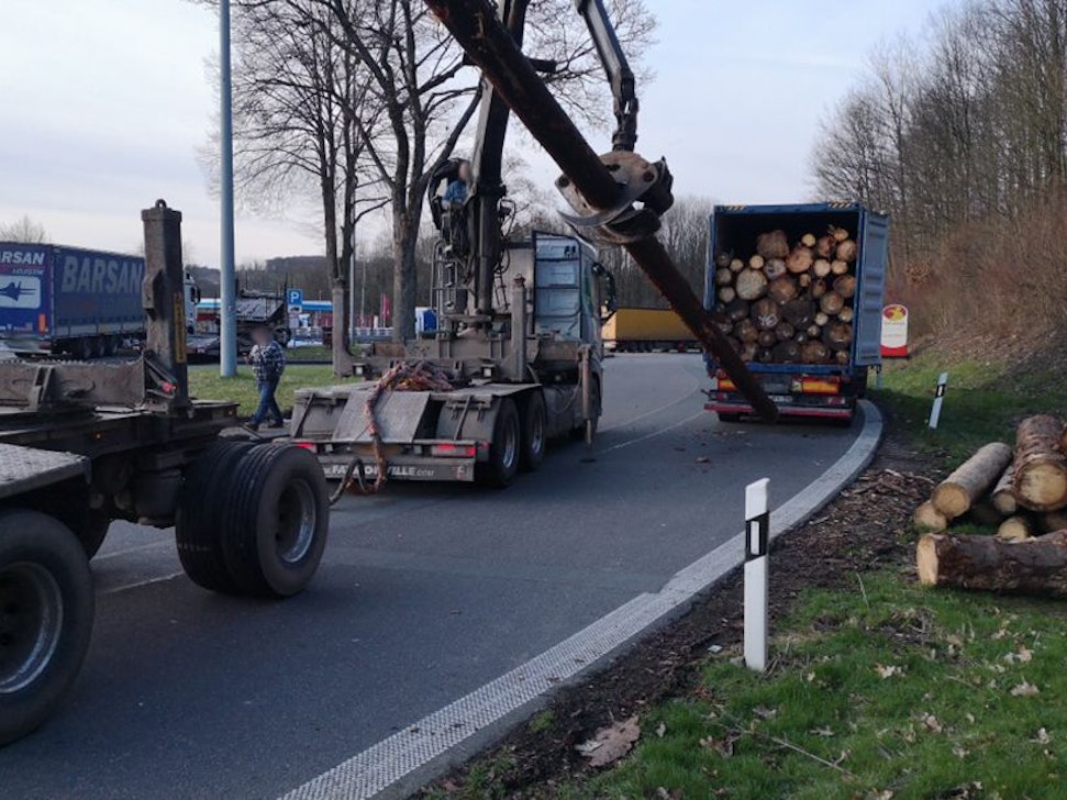 Ein Kran lädt einen Baumstamm aus einem Lkw.