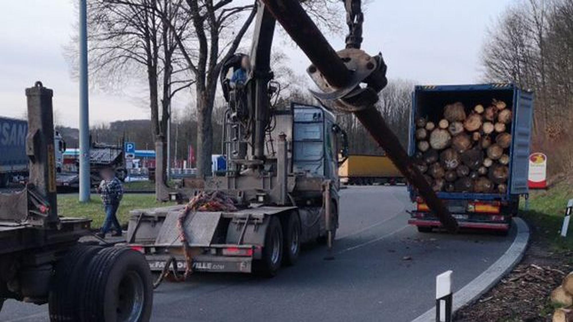 Ein Kran lädt einen Baumstamm aus einem Lkw.